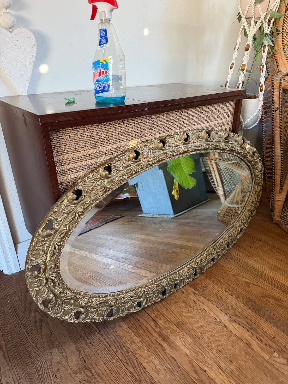 Antique Wood Oval Brass Painted Mirror