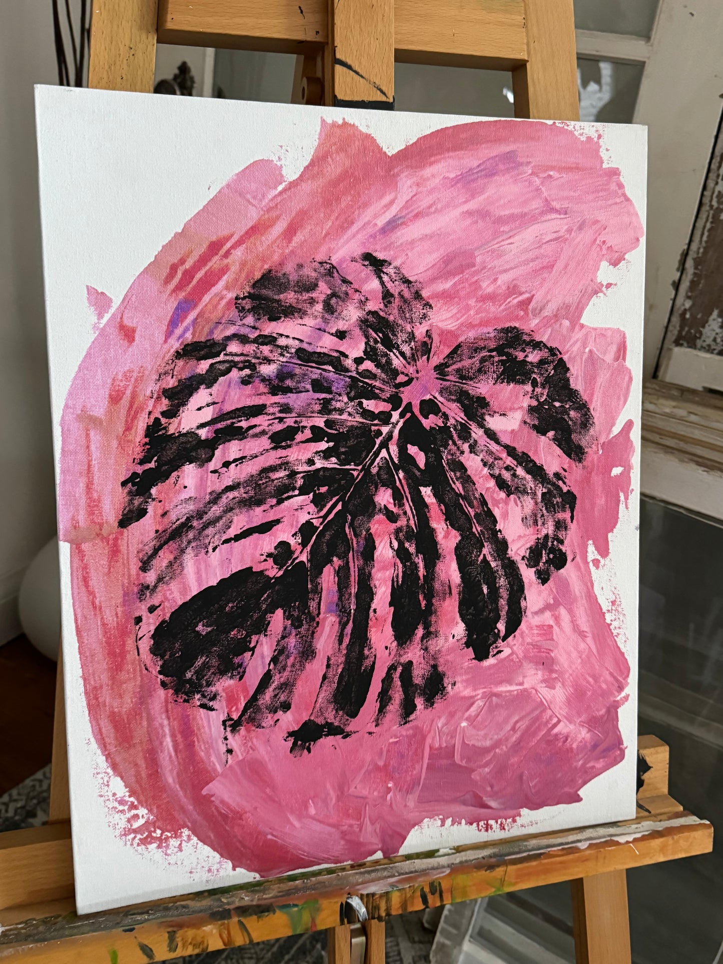Pink Monstera Leaf Abstract Painting