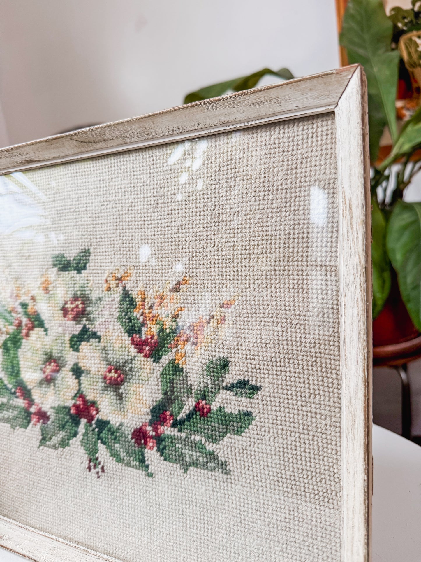 Rustic Framed Needlepoint Floral Art