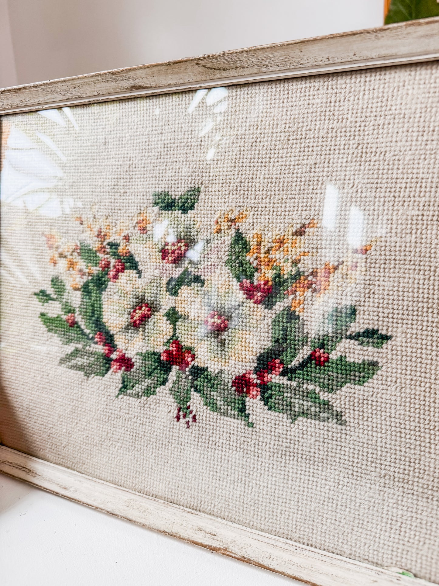 Rustic Framed Needlepoint Floral Art