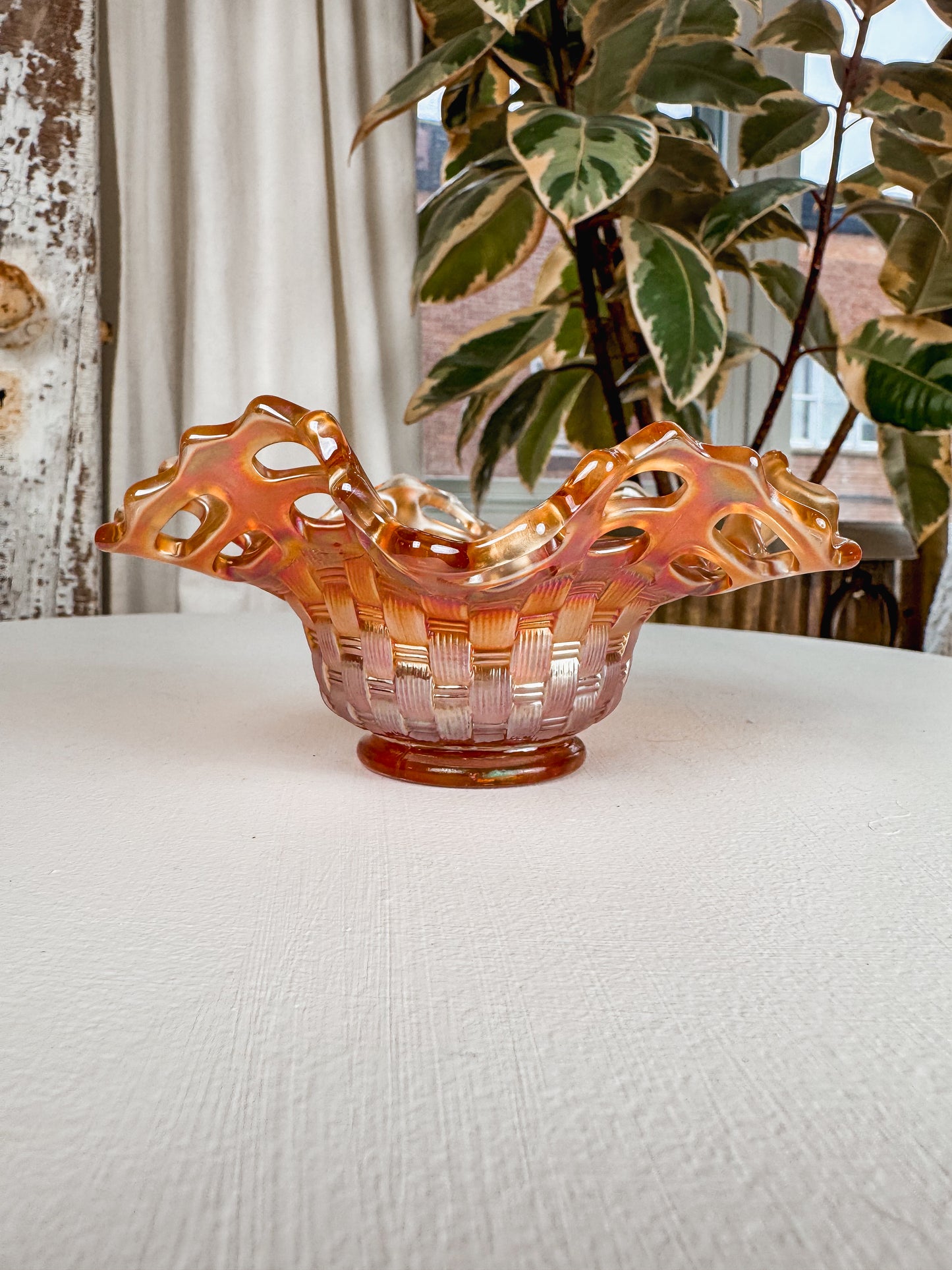 Fenton Marigold Carnival Weave Glass Bowl