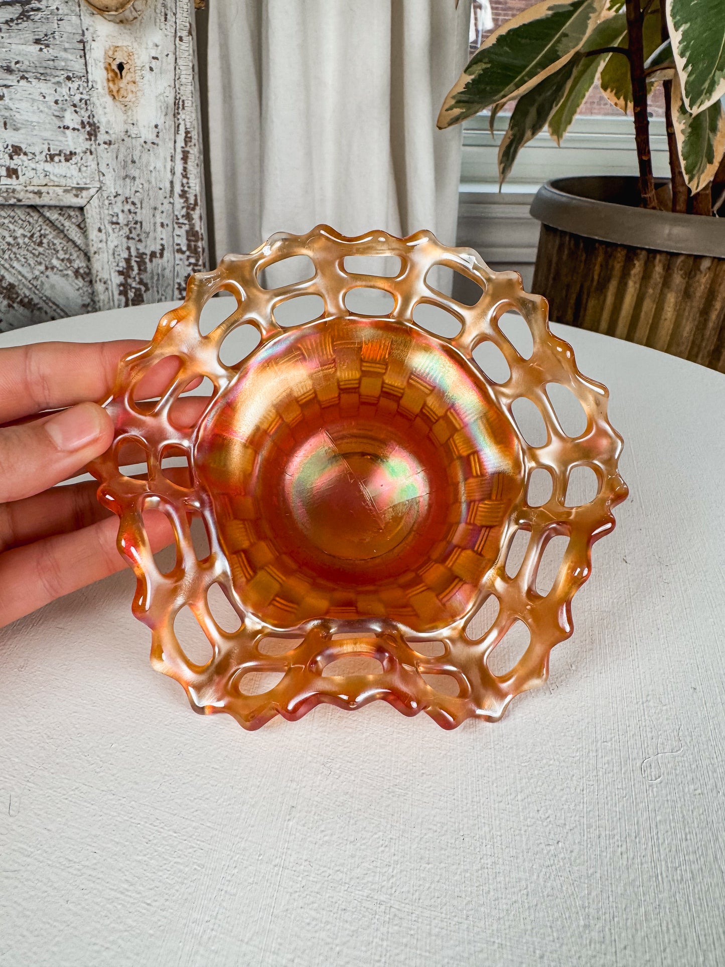 Fenton Marigold Carnival Weave Glass Bowl