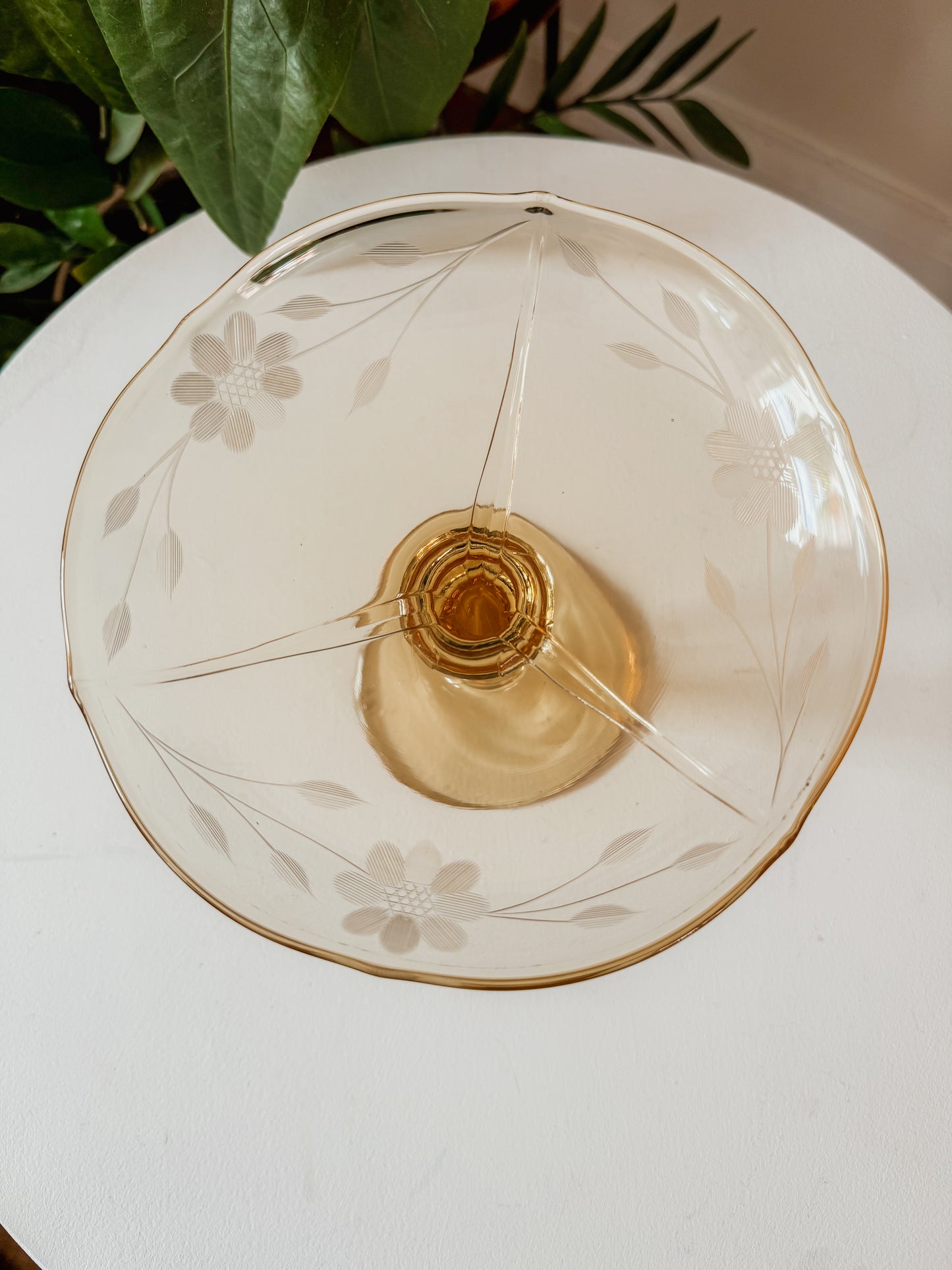 Yellow Floral Etch Glass Pedestal Dish