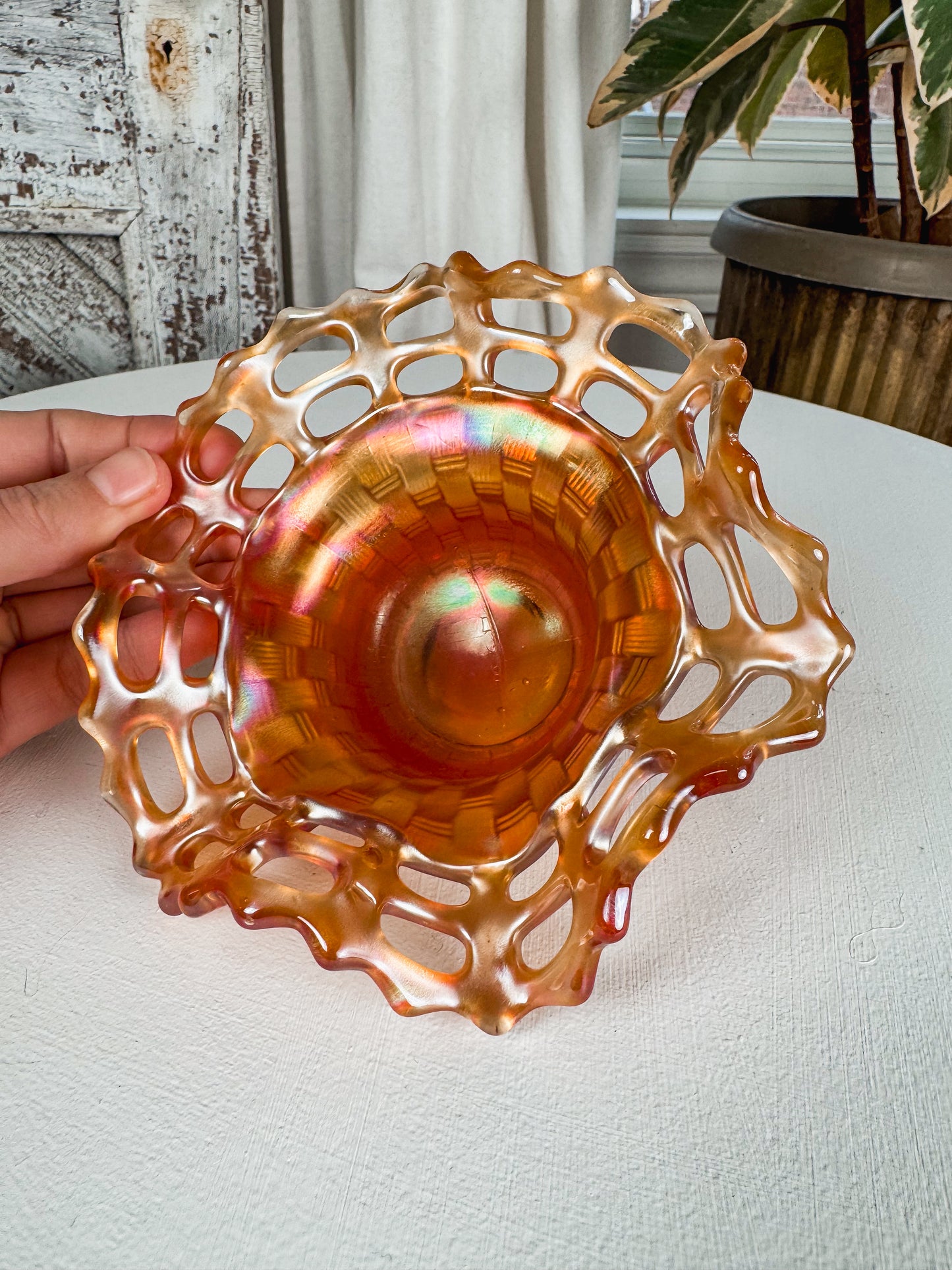 Fenton Marigold Carnival Weave Glass Bowl