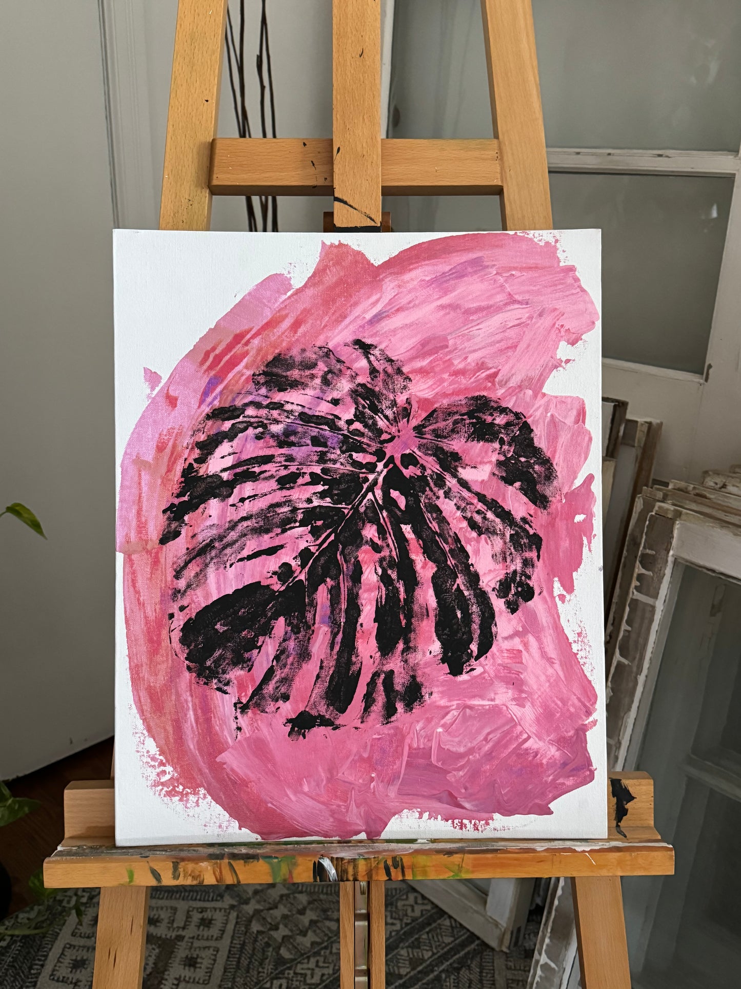 Pink Monstera Leaf Abstract Painting