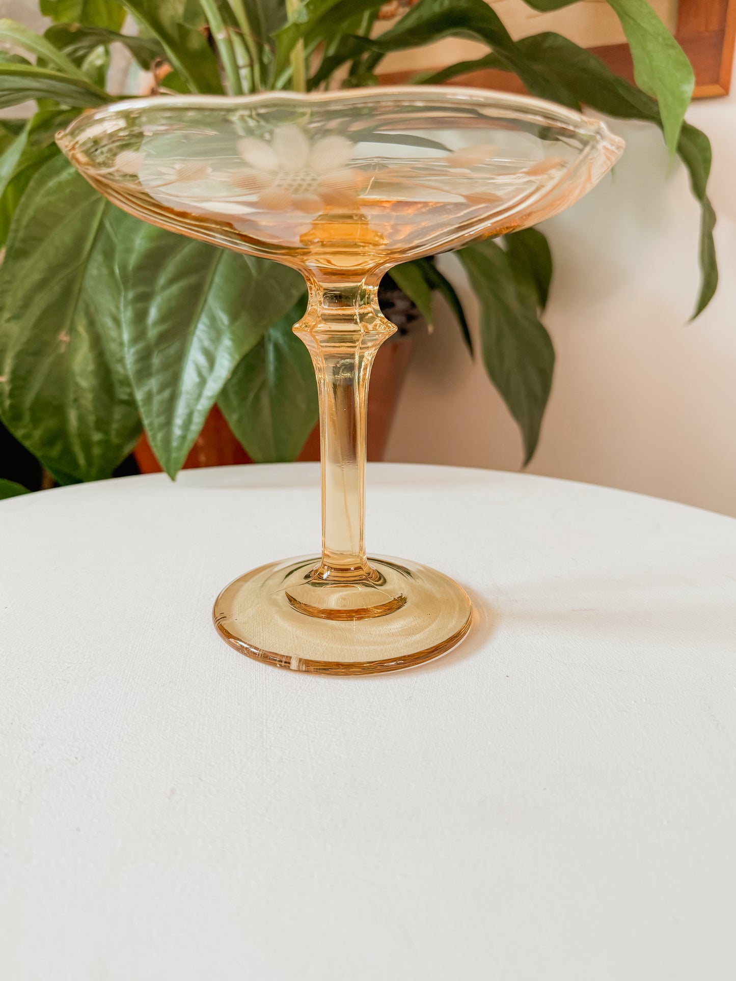 Yellow Floral Etch Glass Pedestal Dish