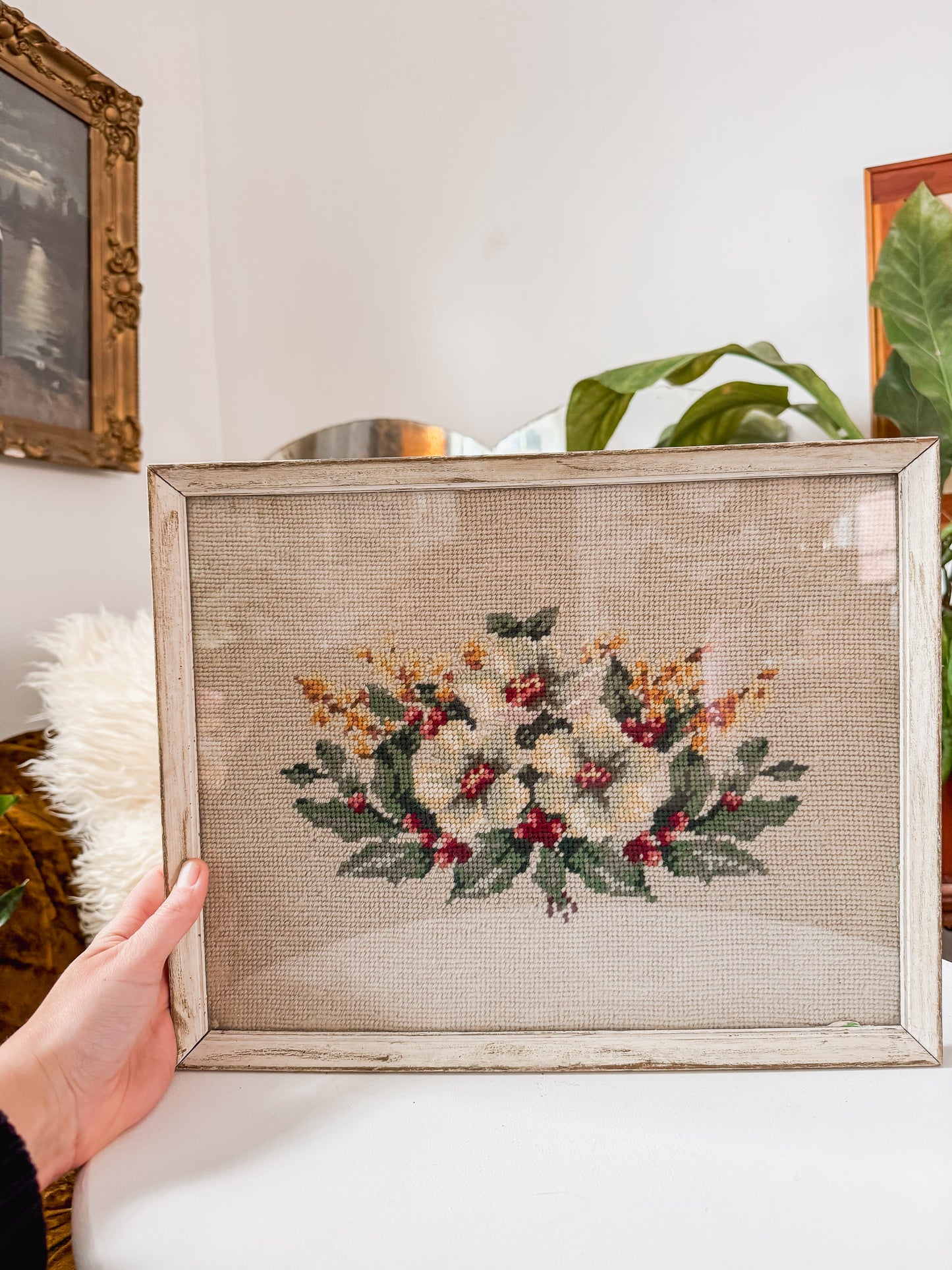 Rustic Framed Needlepoint Floral Art