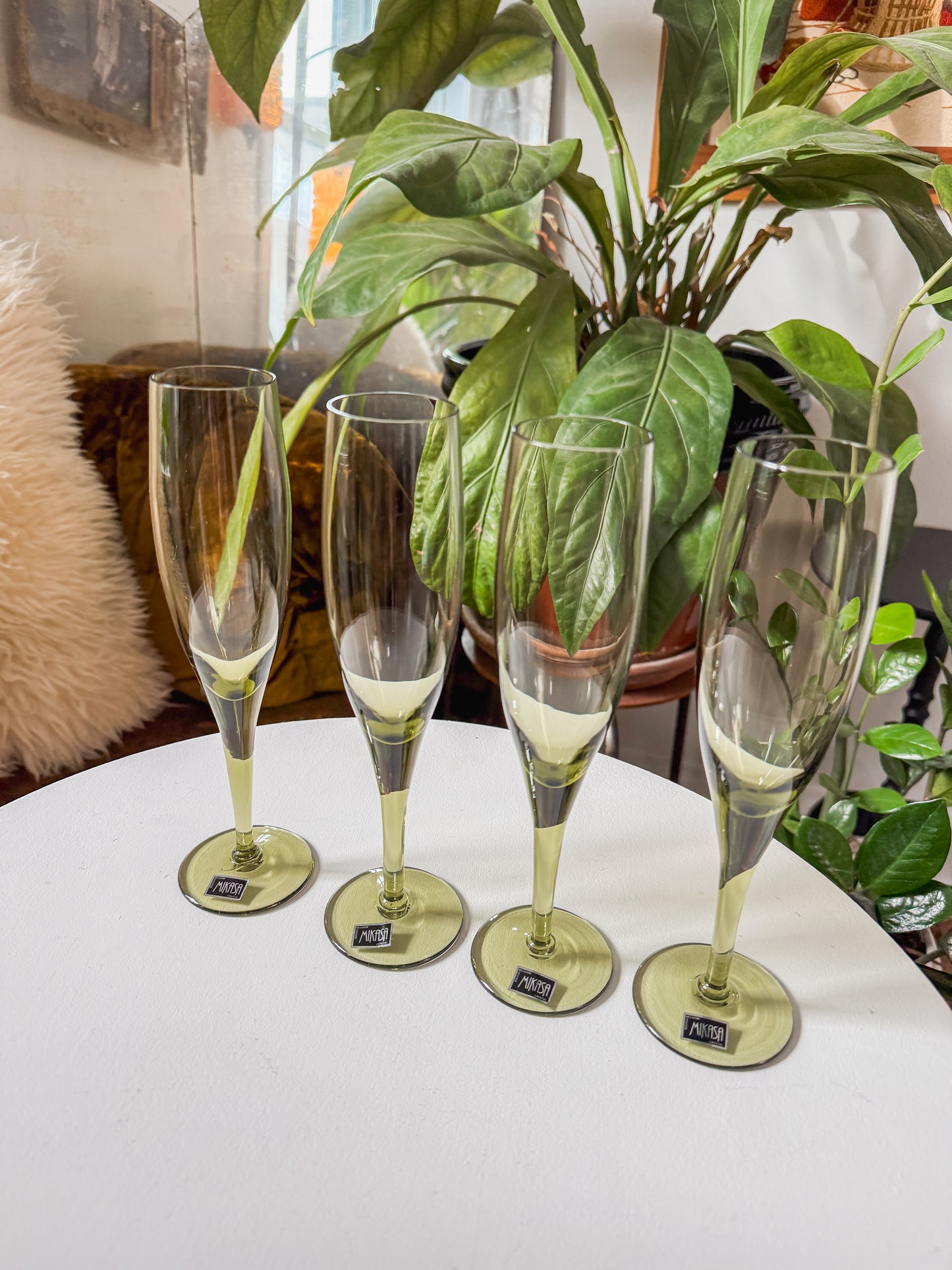 Olive Green Mikasa Crystal Champagne Flutes