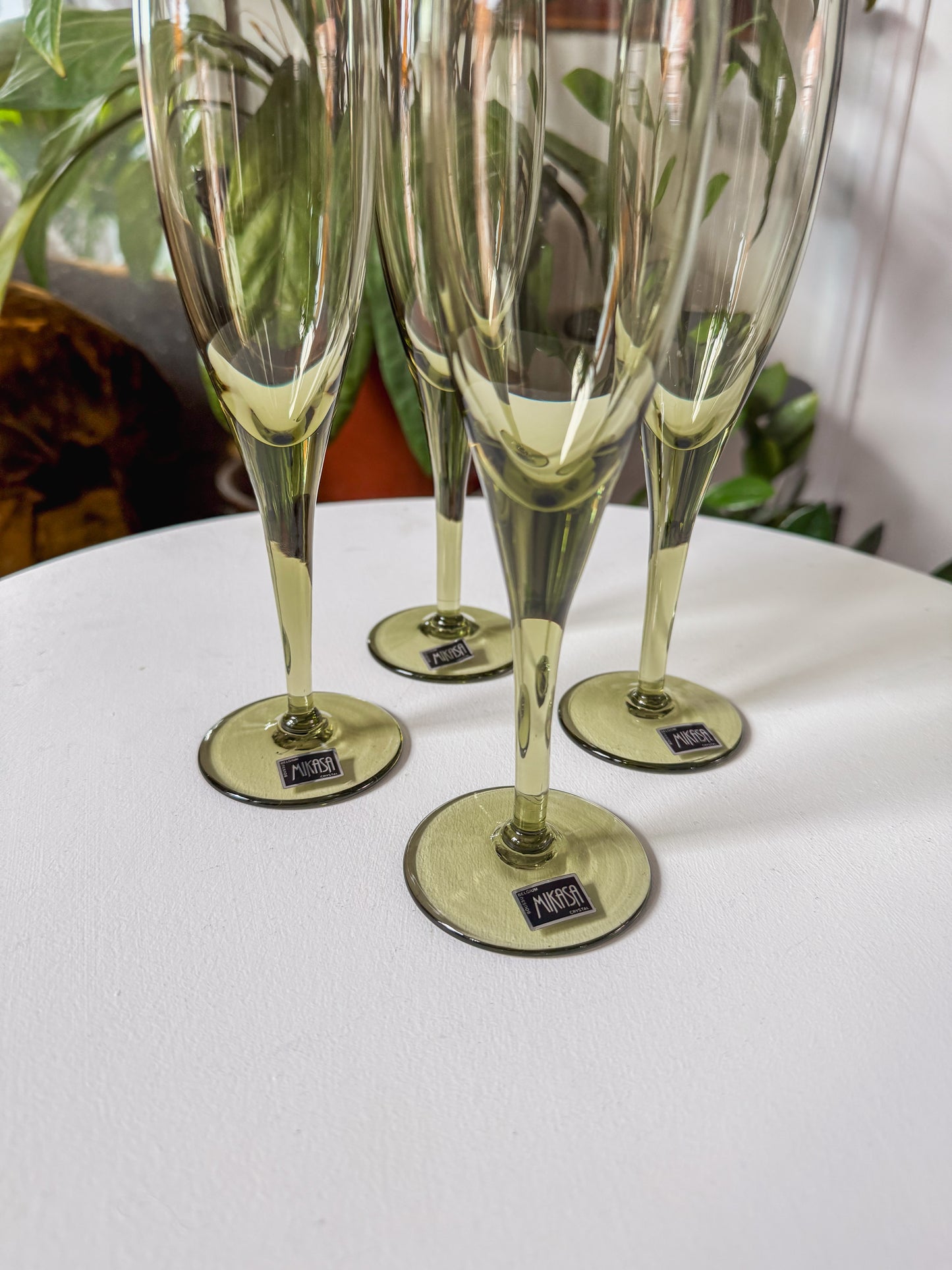 Olive Green Mikasa Crystal Champagne Flutes