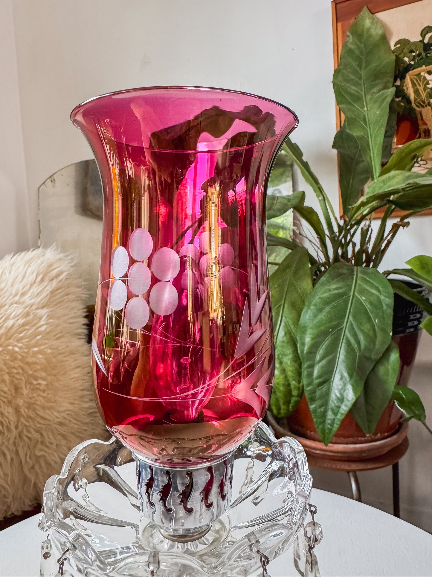 Antique Cranberry Etched Glass Boudoir Lamp