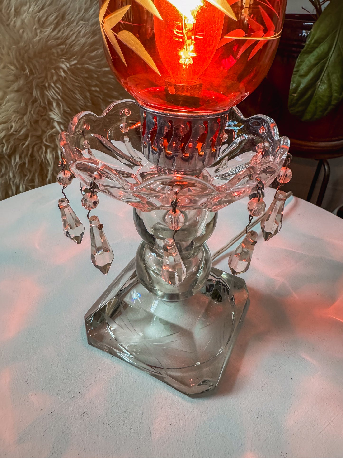 Antique Cranberry Etched Glass Boudoir Lamp