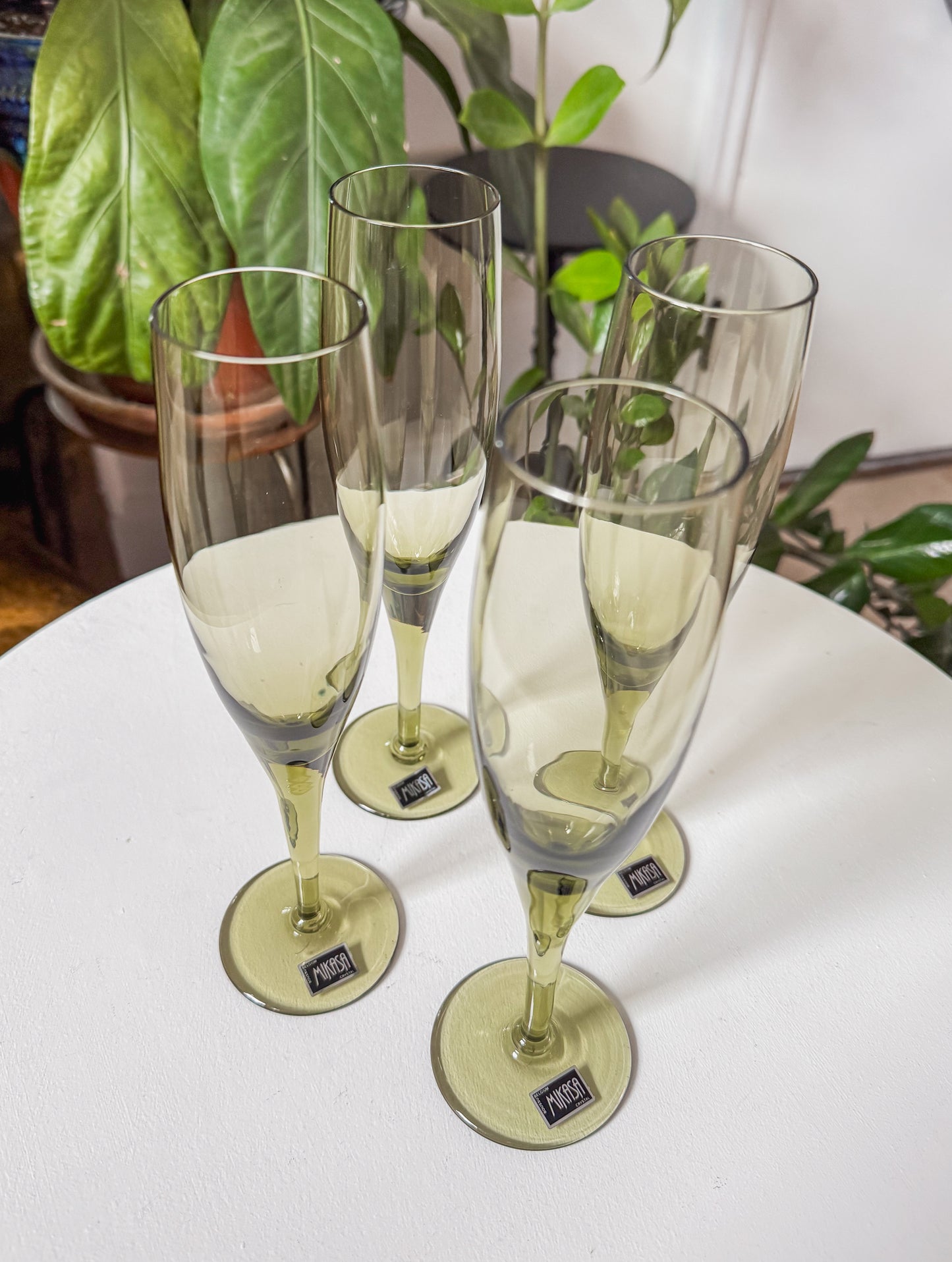 Olive Green Mikasa Crystal Champagne Flutes