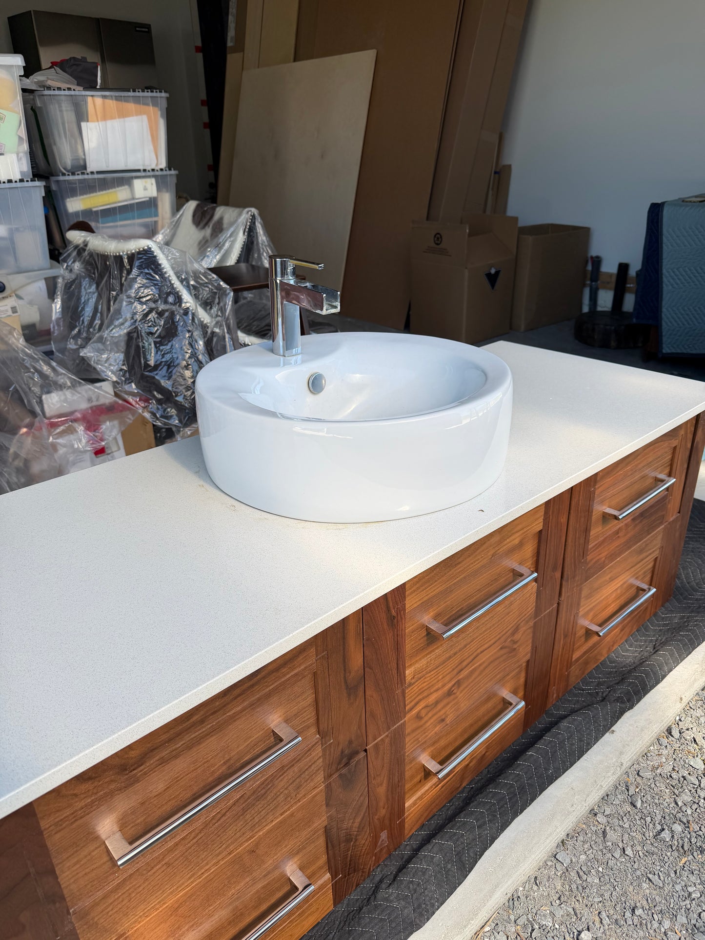 Custom Walnut Floating Vanity with Mirror & Porcelain Vessel Sink