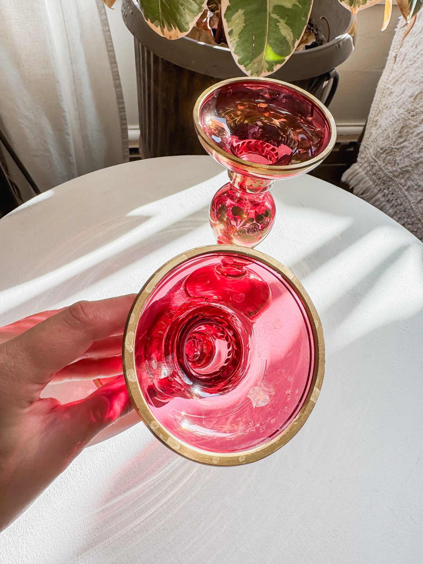 Cranberry & Gold Glass Candle Holders