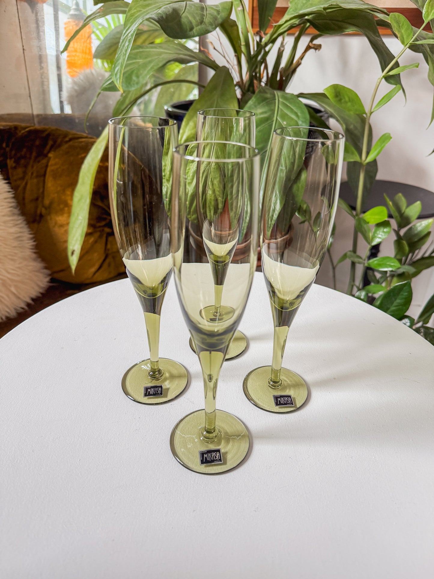 Olive Green Mikasa Crystal Champagne Flutes