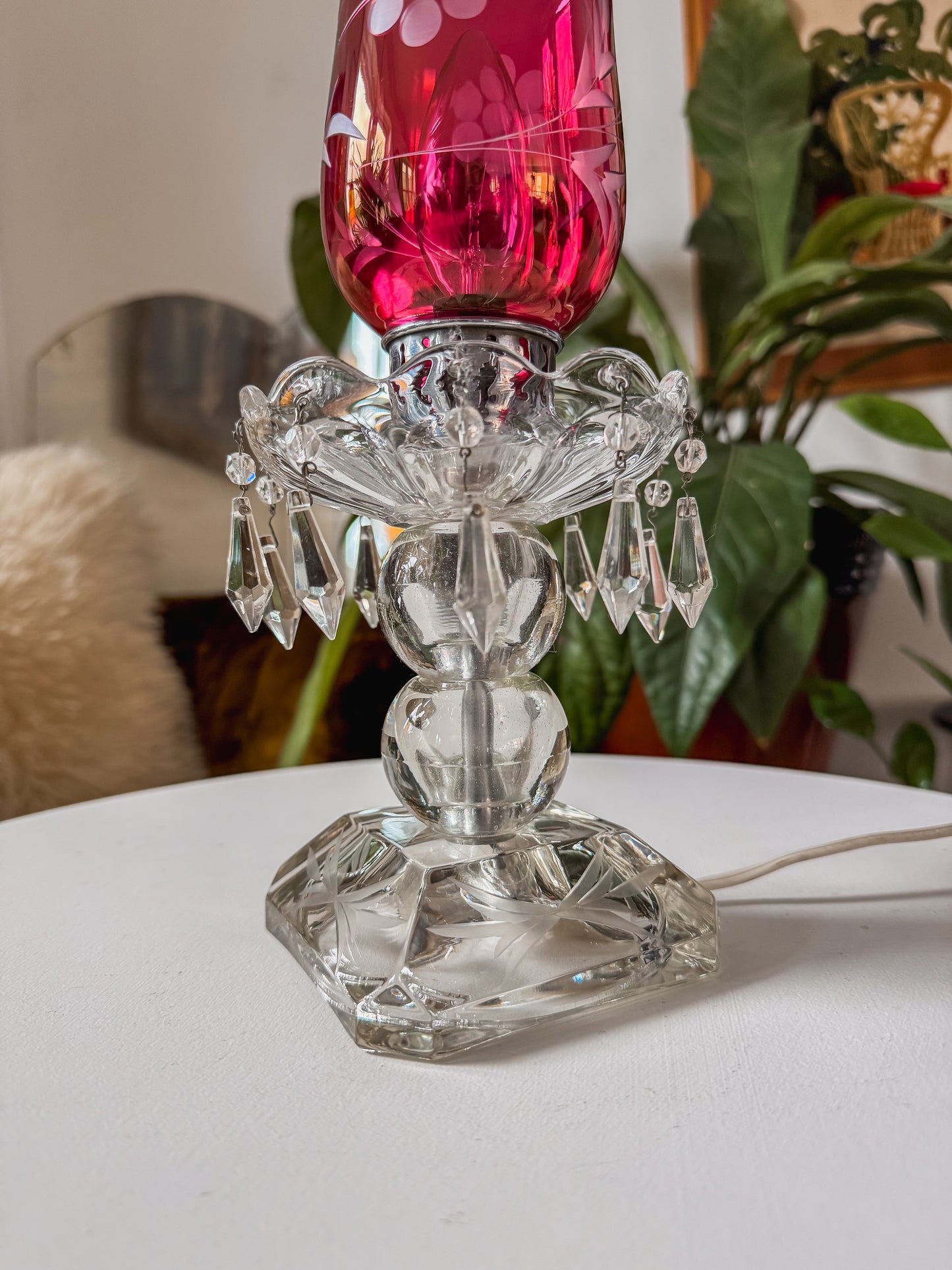 Antique Cranberry Etched Glass Boudoir Lamp