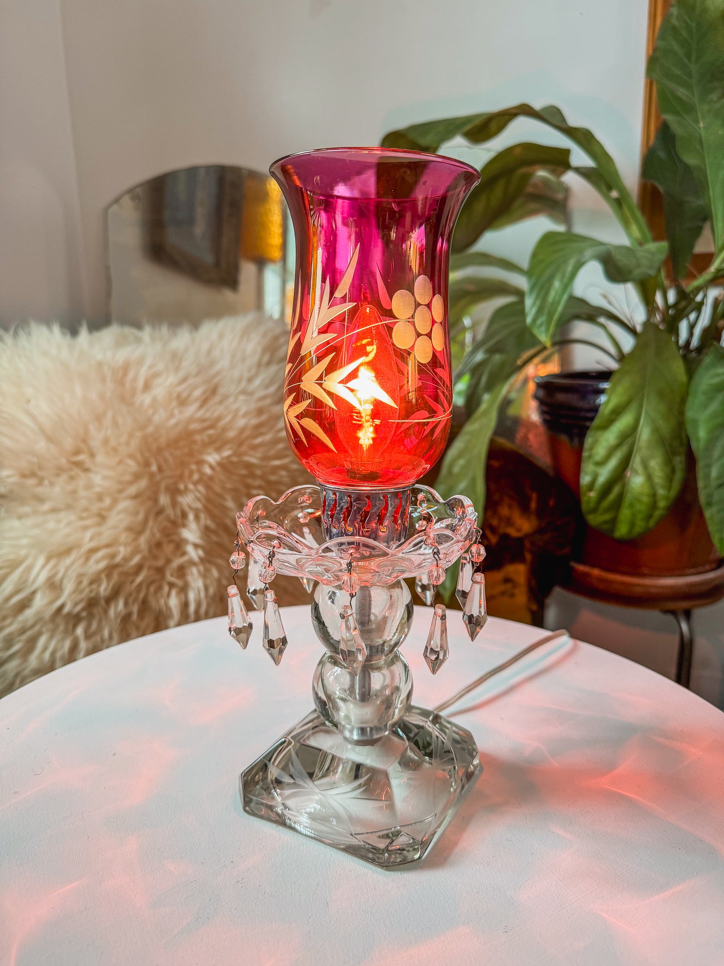 Antique Cranberry Etched Glass Boudoir Lamp