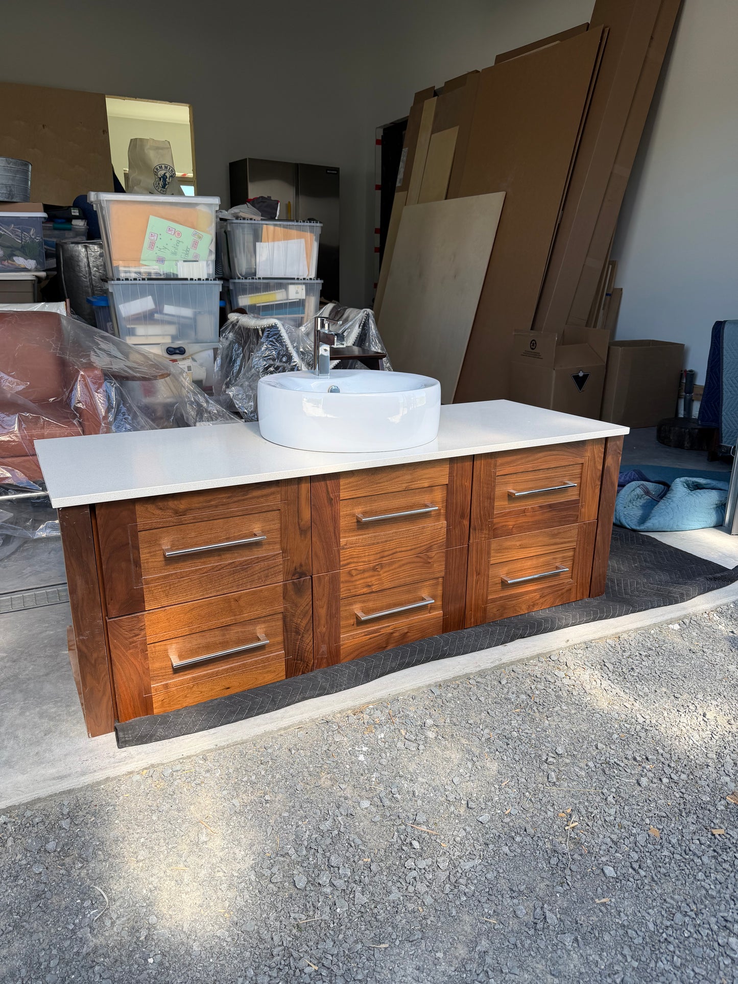 Custom Walnut Floating Vanity with Mirror & Porcelain Vessel Sink
