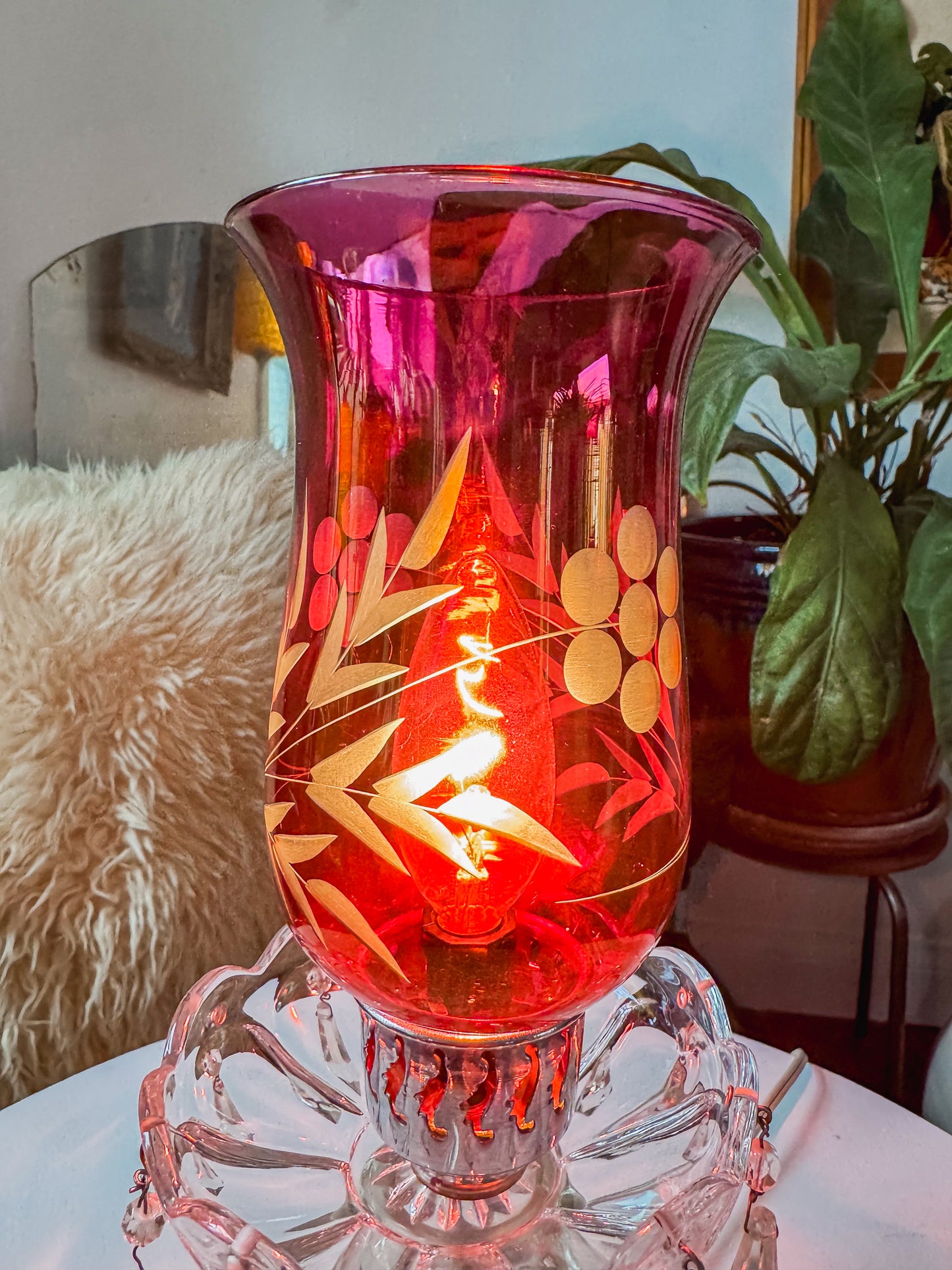 Antique Cranberry Etched Glass Boudoir Lamp