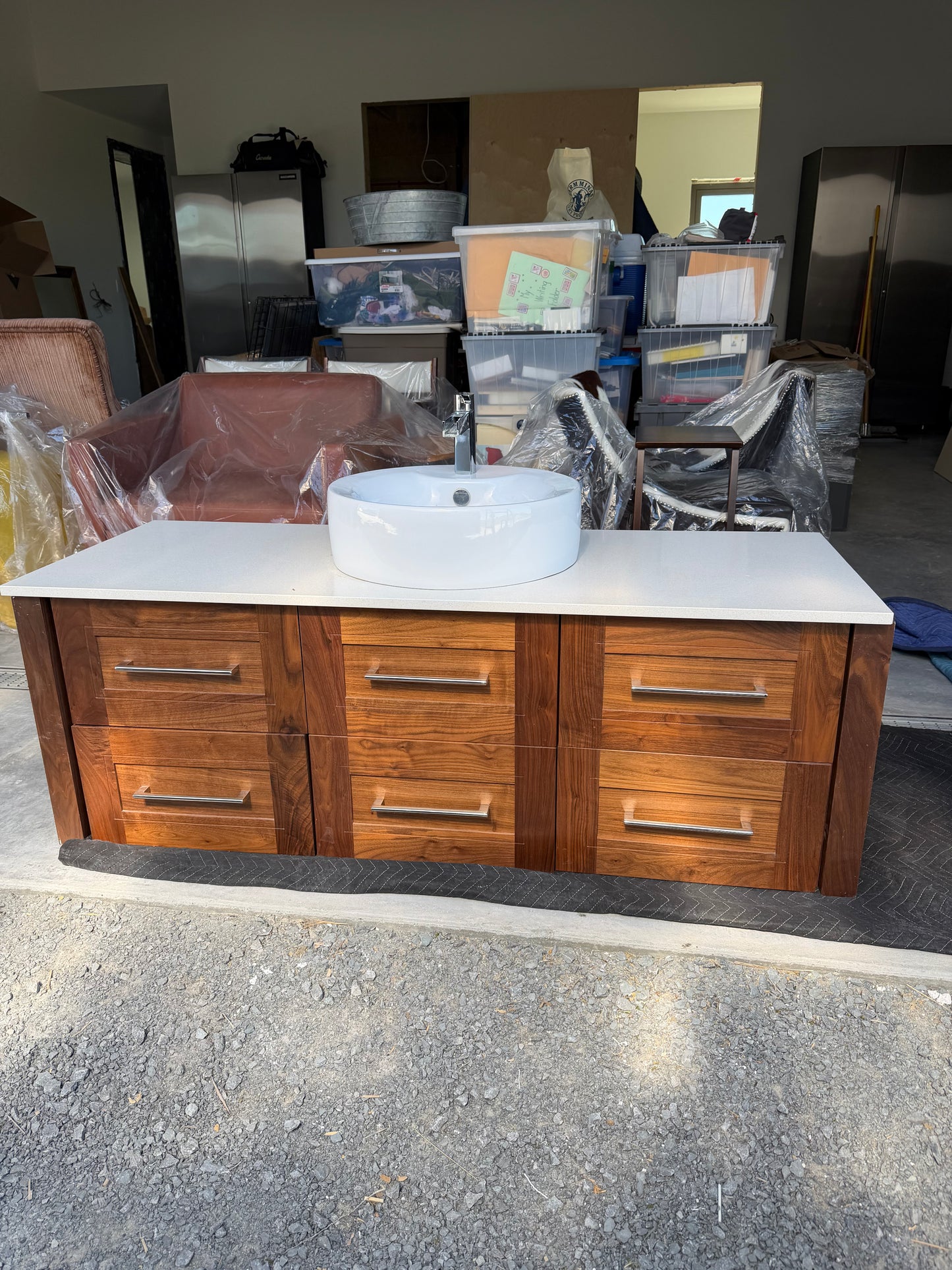 Custom Walnut Floating Vanity with Mirror & Porcelain Vessel Sink
