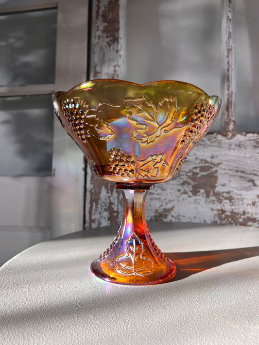 Marigold Iridescent Carnival Glass Pedestal Bowl