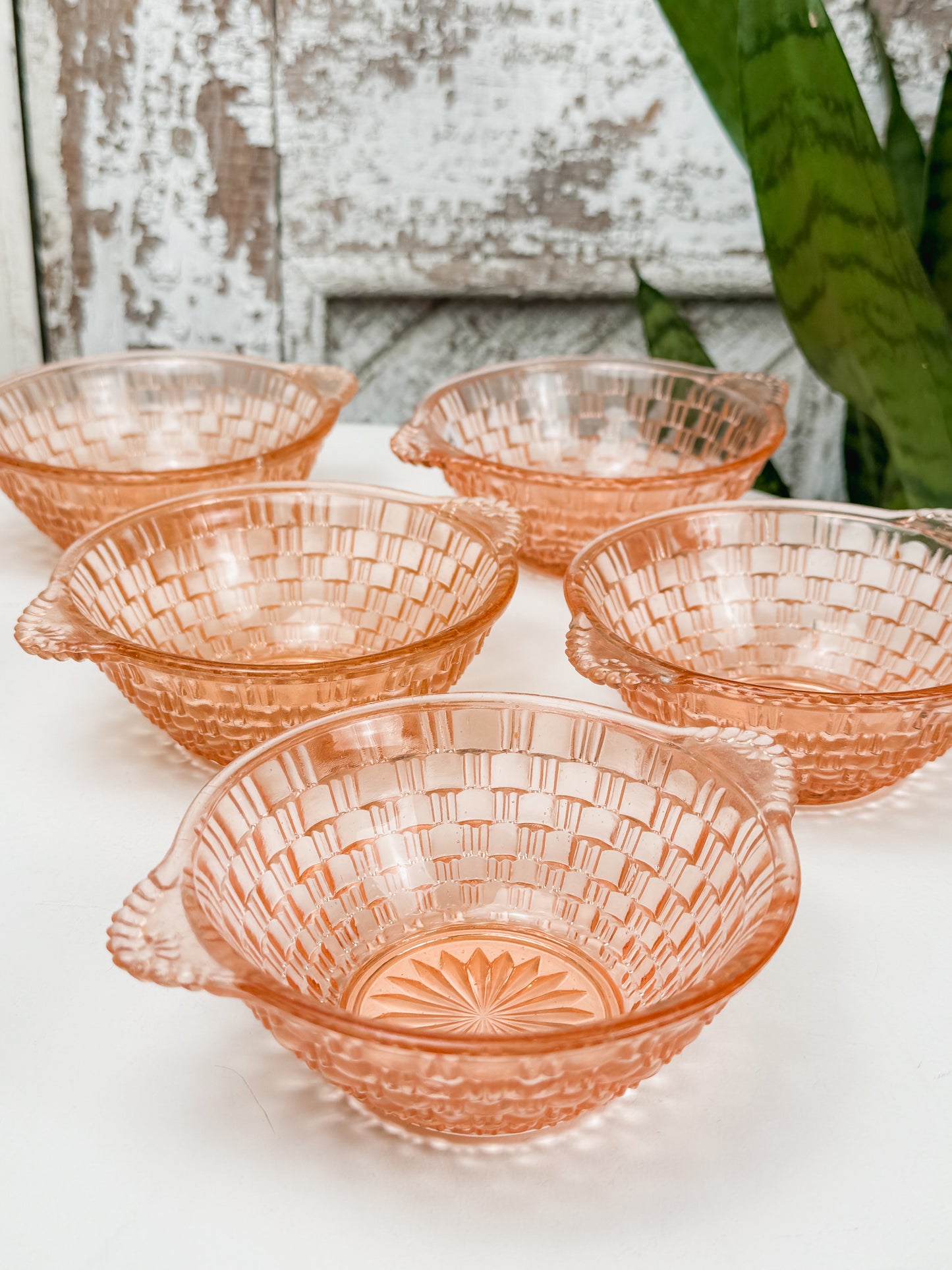 1930s Pink Art Deco Pressed Glass Dessert Bowls