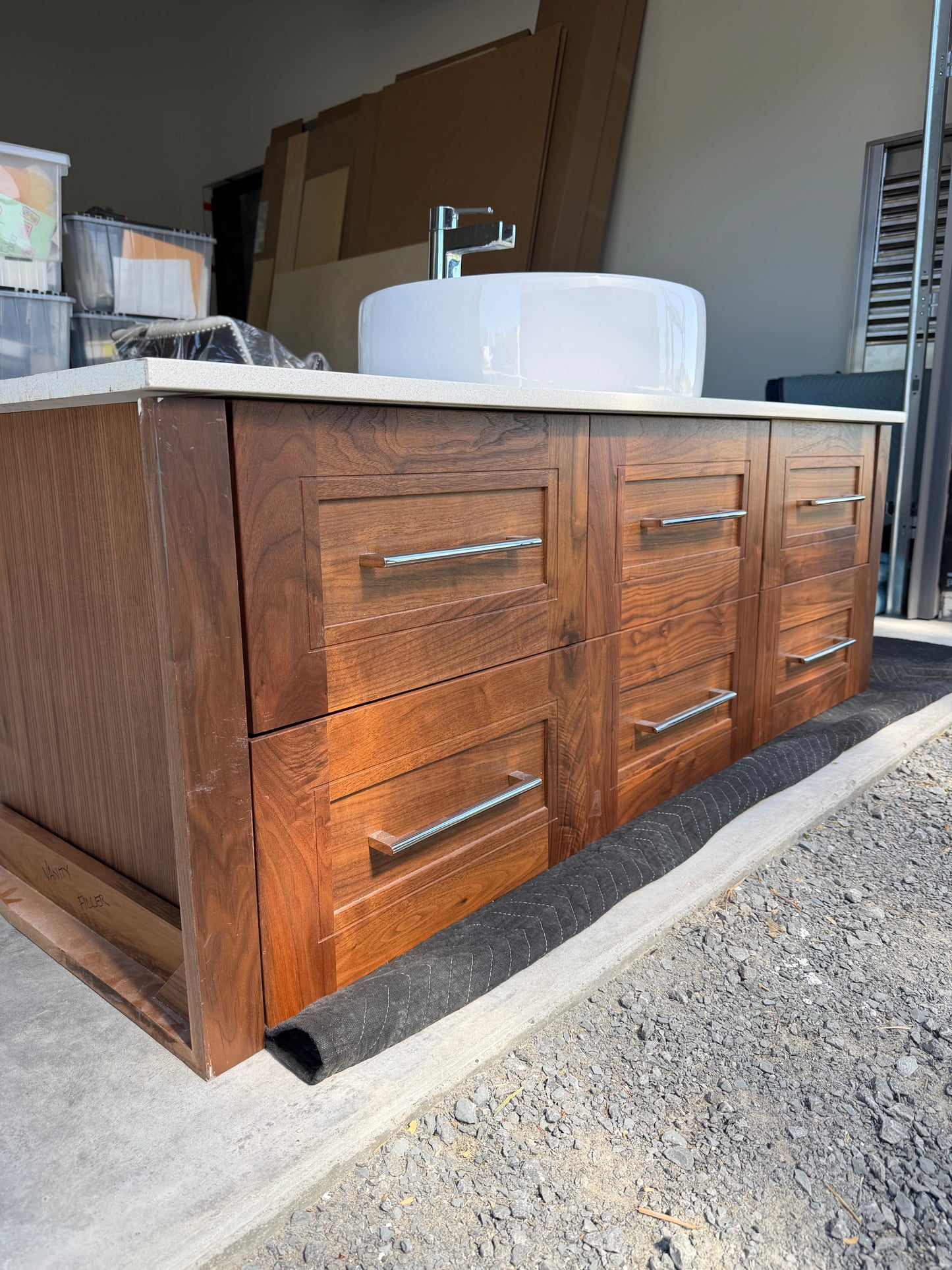 Custom Walnut Floating Vanity with Mirror & Porcelain Vessel Sink