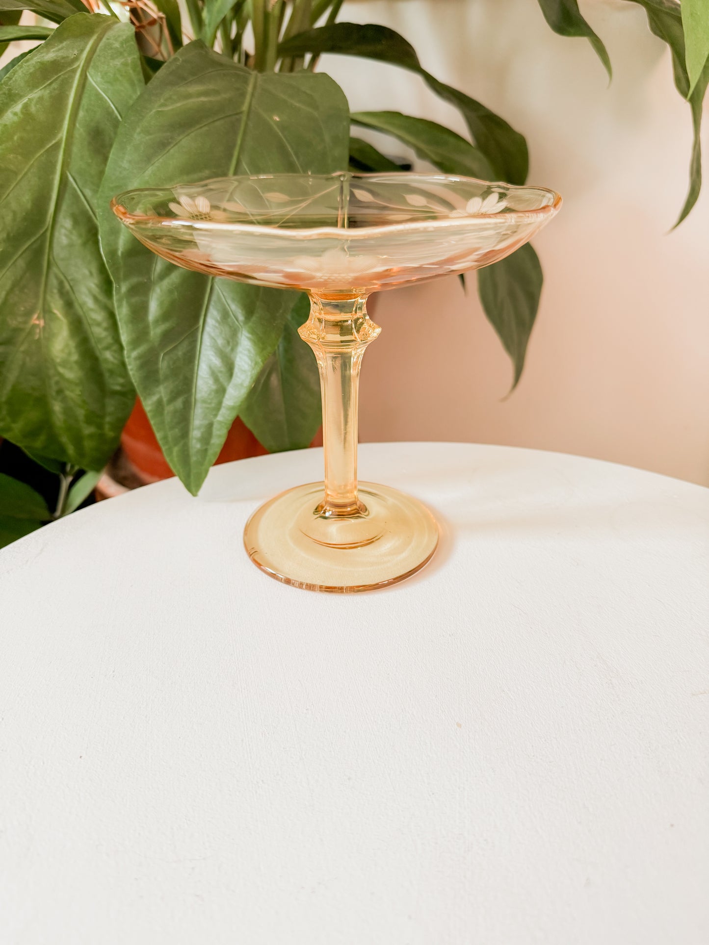 Yellow Floral Etch Glass Pedestal Dish