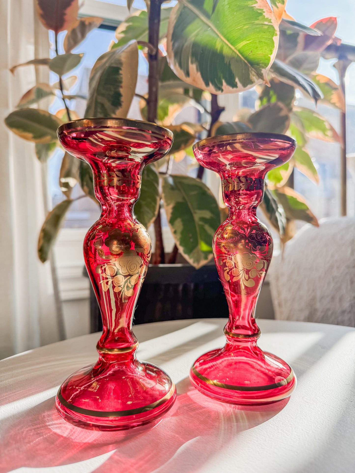 Cranberry & Gold Glass Candle Holders