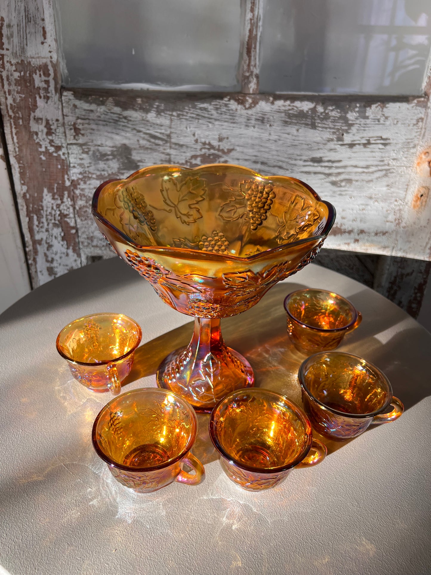 Marigold Iridescent Carnival Glass Pedestal Bowl