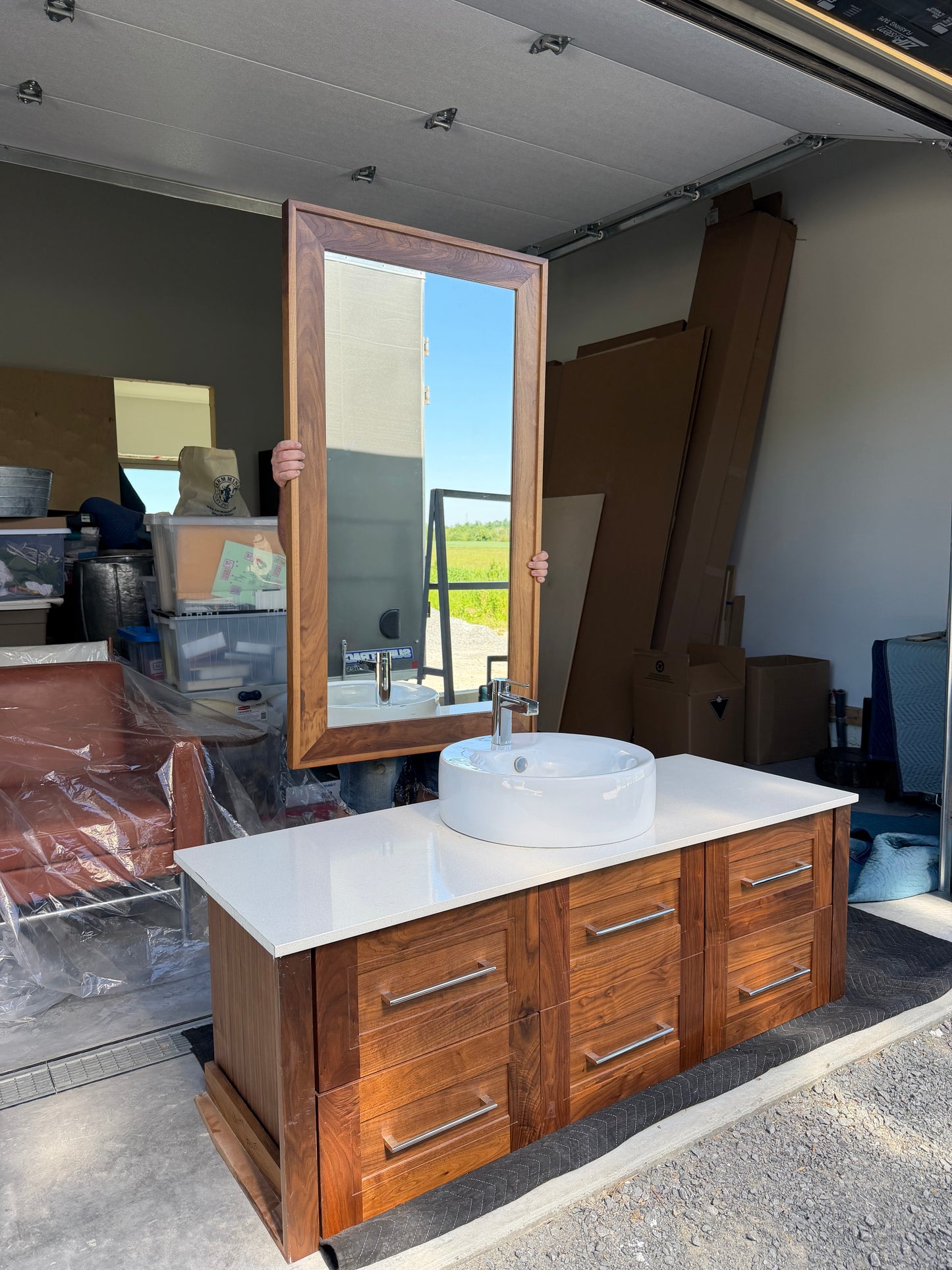 Custom Walnut Floating Vanity with Mirror & Porcelain Vessel Sink