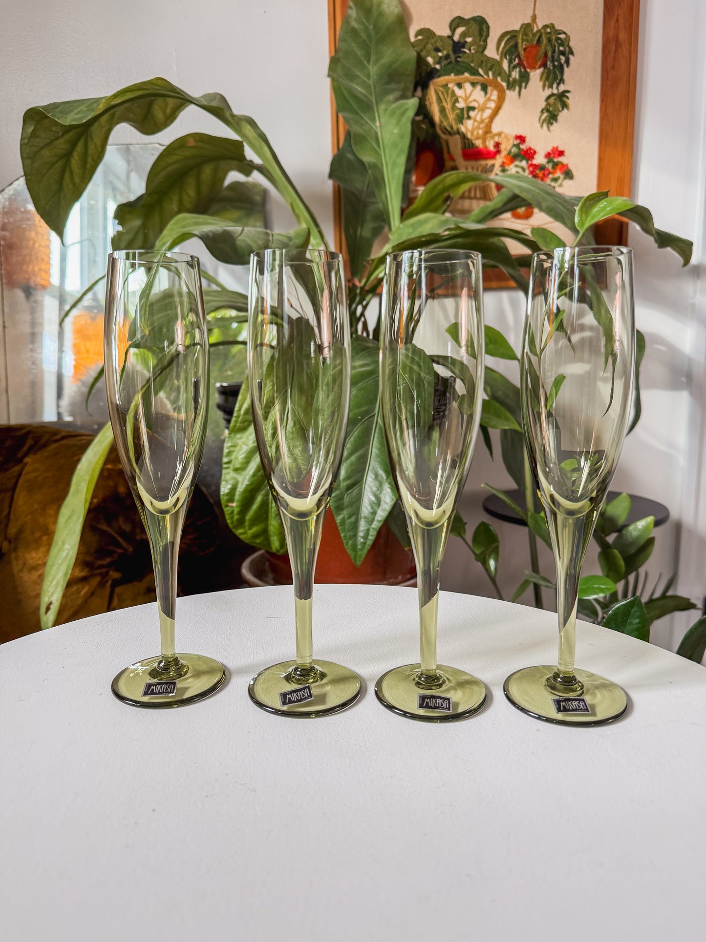 Olive Green Mikasa Crystal Champagne Flutes