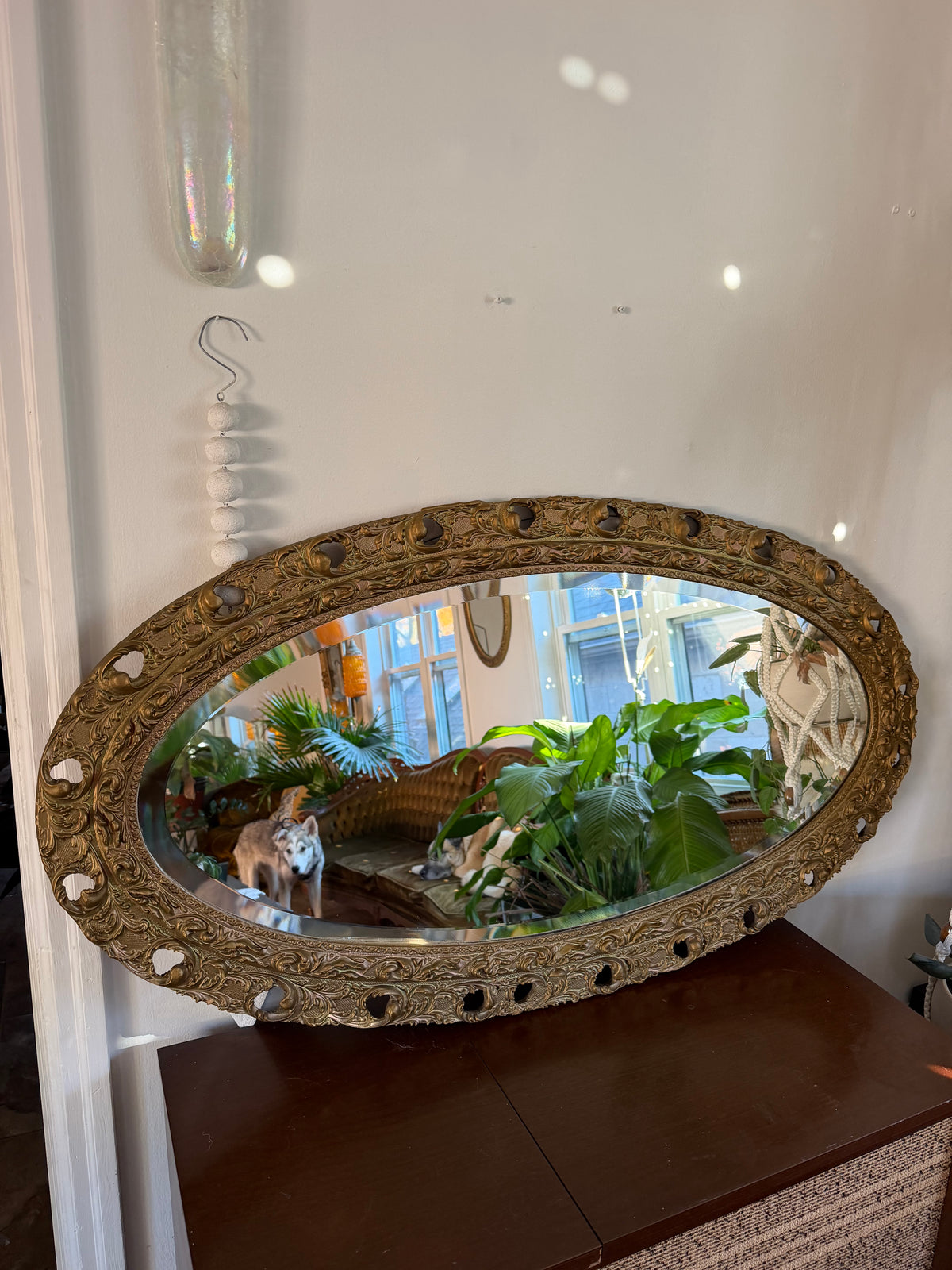 Antique Wood Oval Brass Painted Mirror