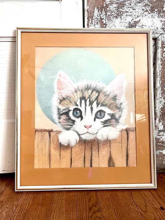 Vintage White & Brass Framed Cat Painting