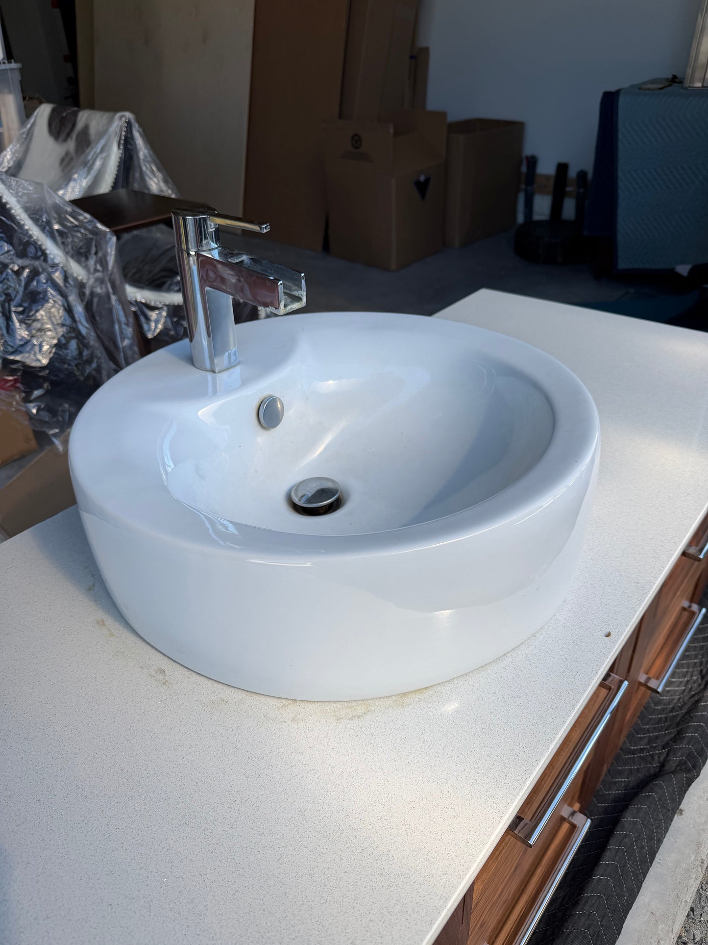 Custom Walnut Floating Vanity with Mirror & Porcelain Vessel Sink