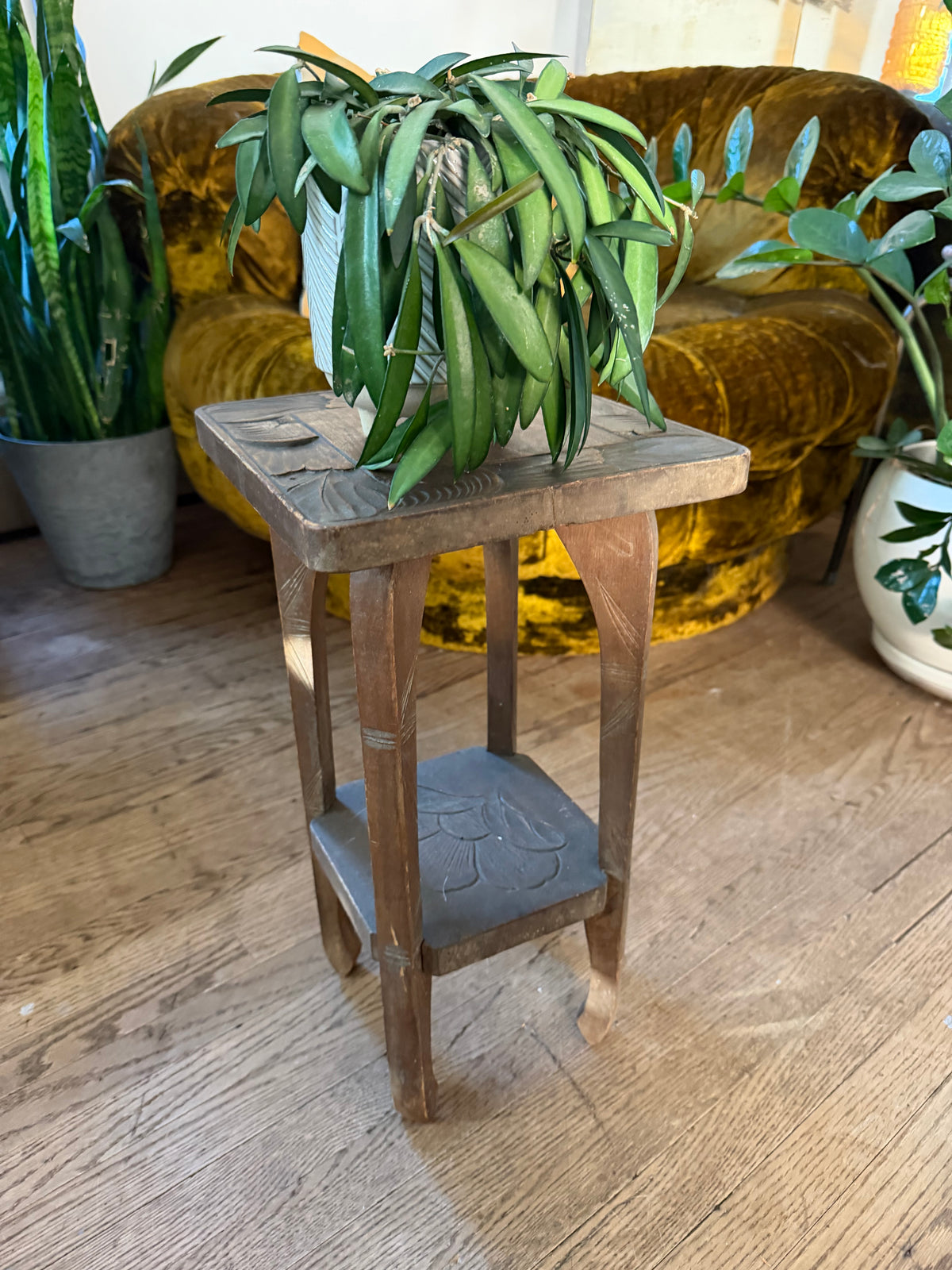 Small Cute Hand Carved Wood Plant Stand