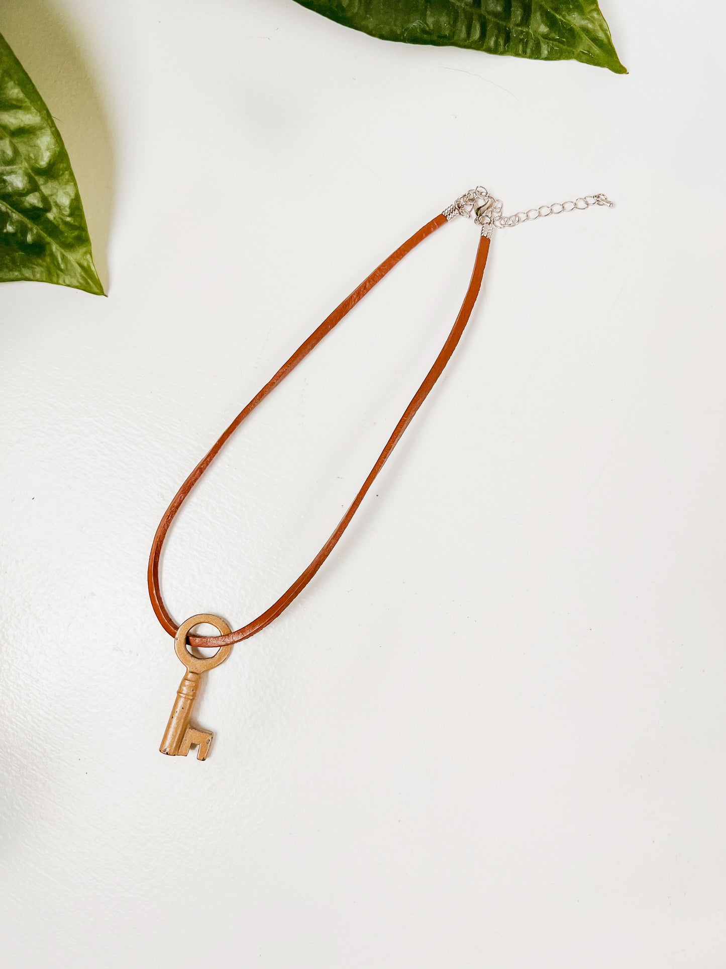 Antique Brass Skeleton Key with Brown Suede Choker