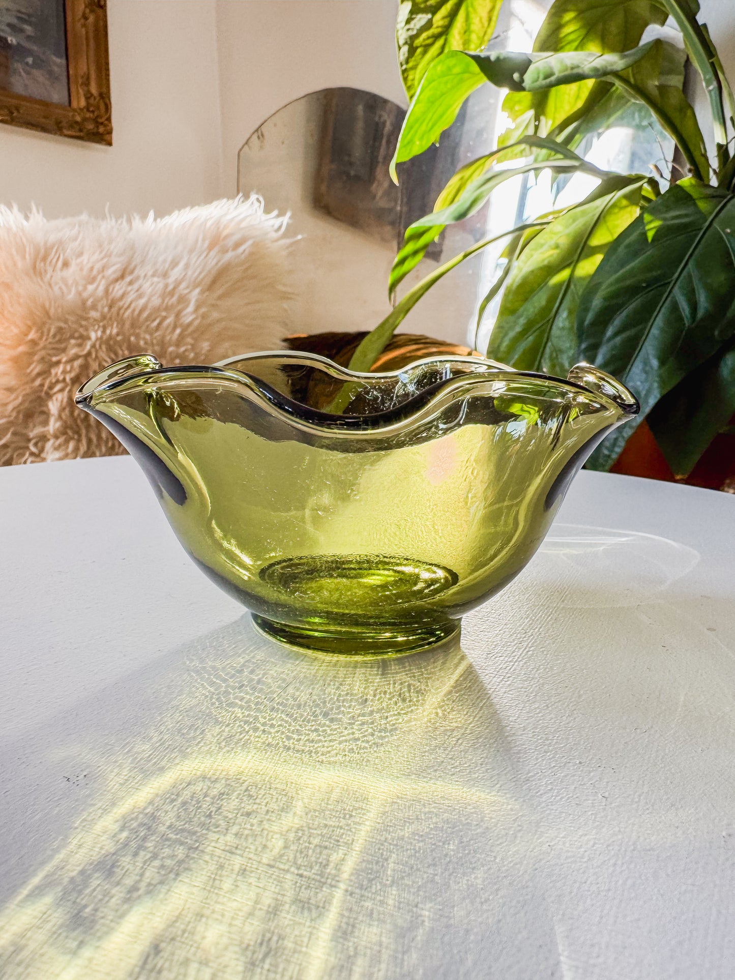 Olive Green Blown Glass Dish