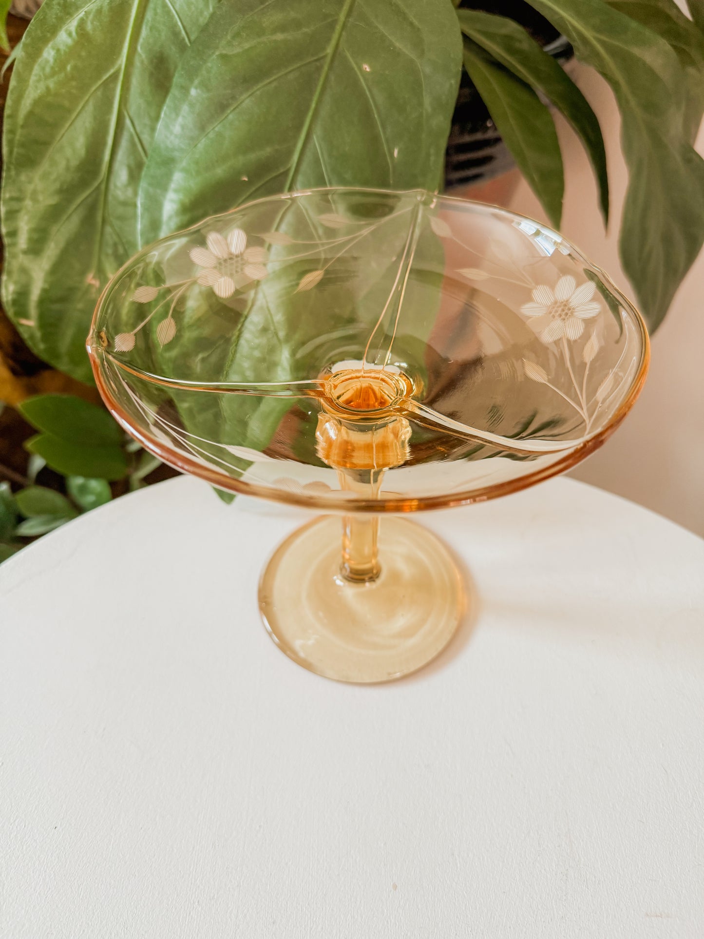 Yellow Floral Etch Glass Pedestal Dish