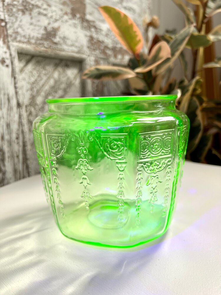 Vintage Green Uranium Depression Glass Cookie Jar