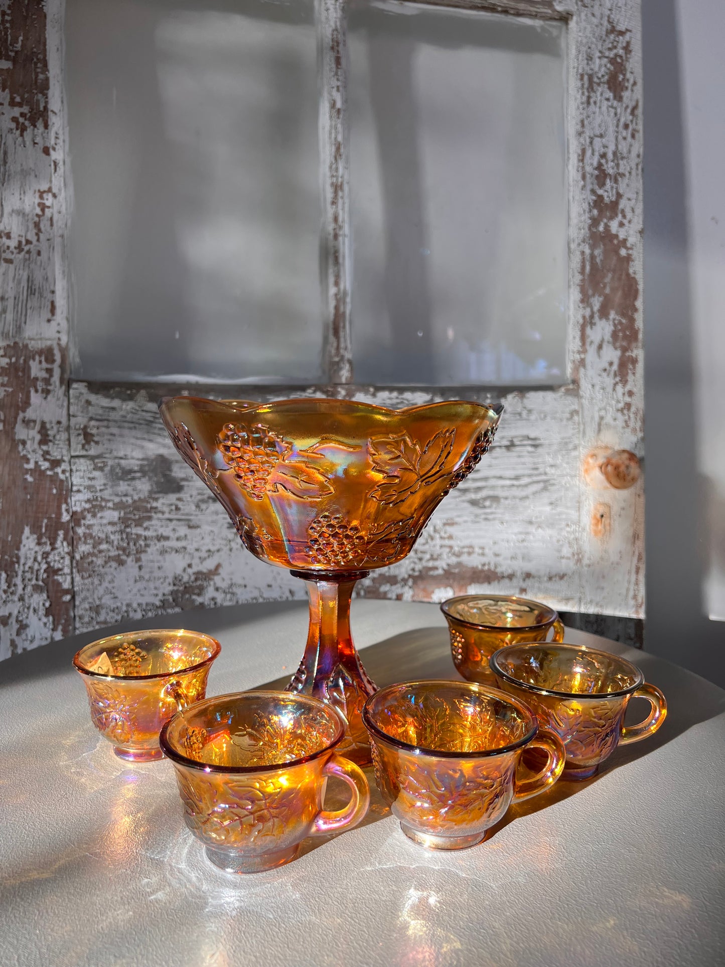 Marigold Iridescent Carnival Glass Pedestal Bowl