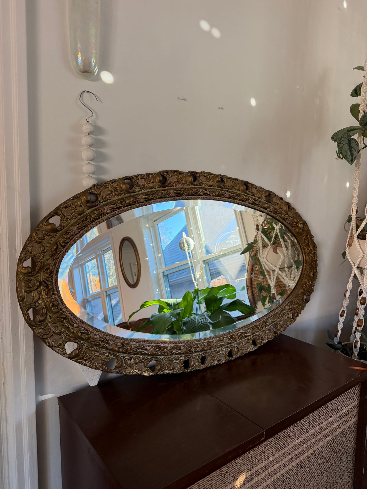 Antique Wood Oval Brass Painted Mirror