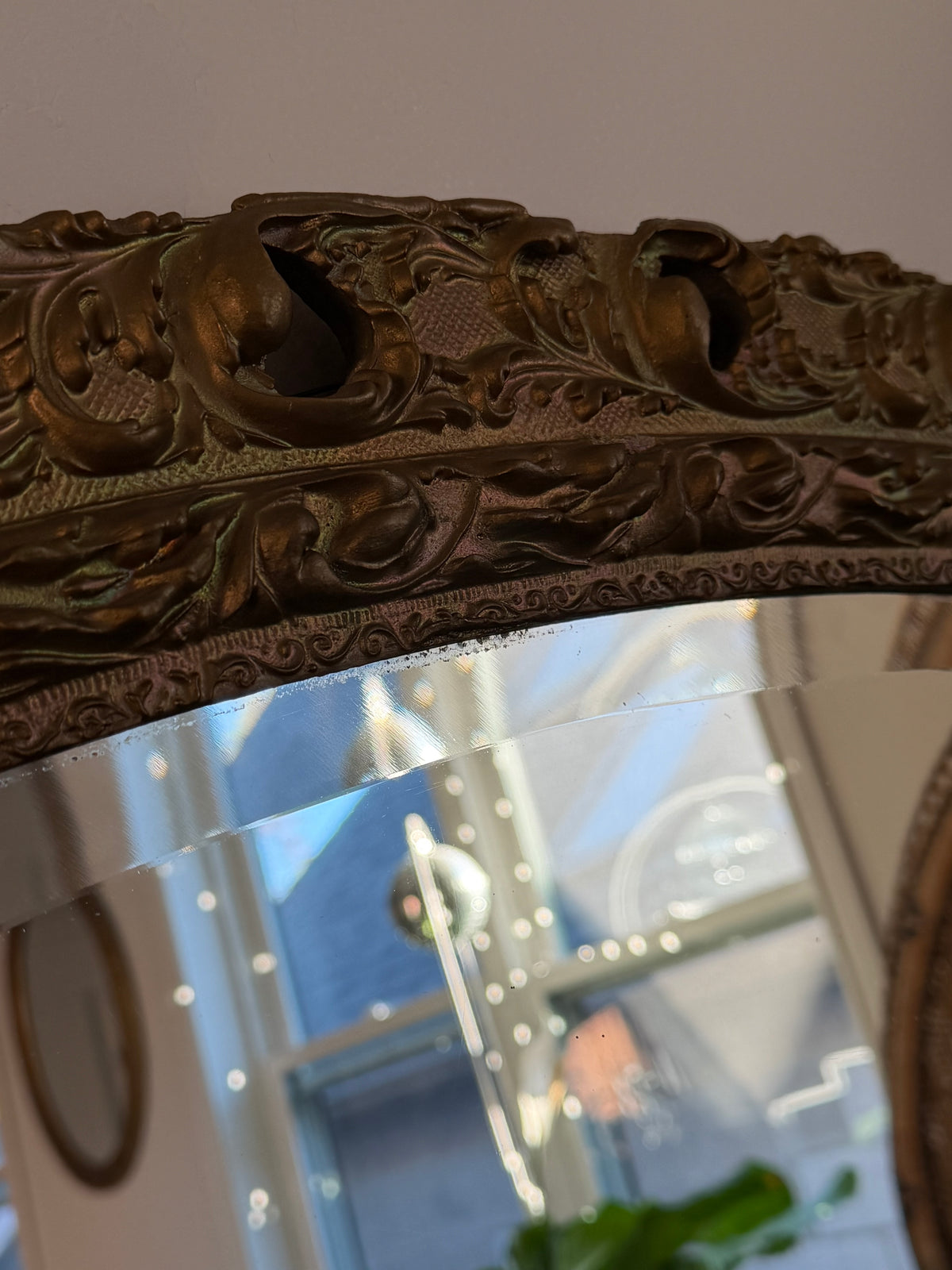 Antique Wood Oval Brass Painted Mirror