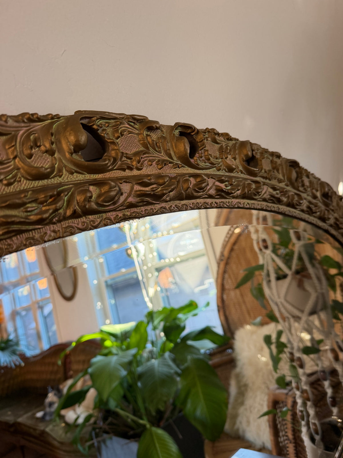 Antique Wood Oval Brass Painted Mirror