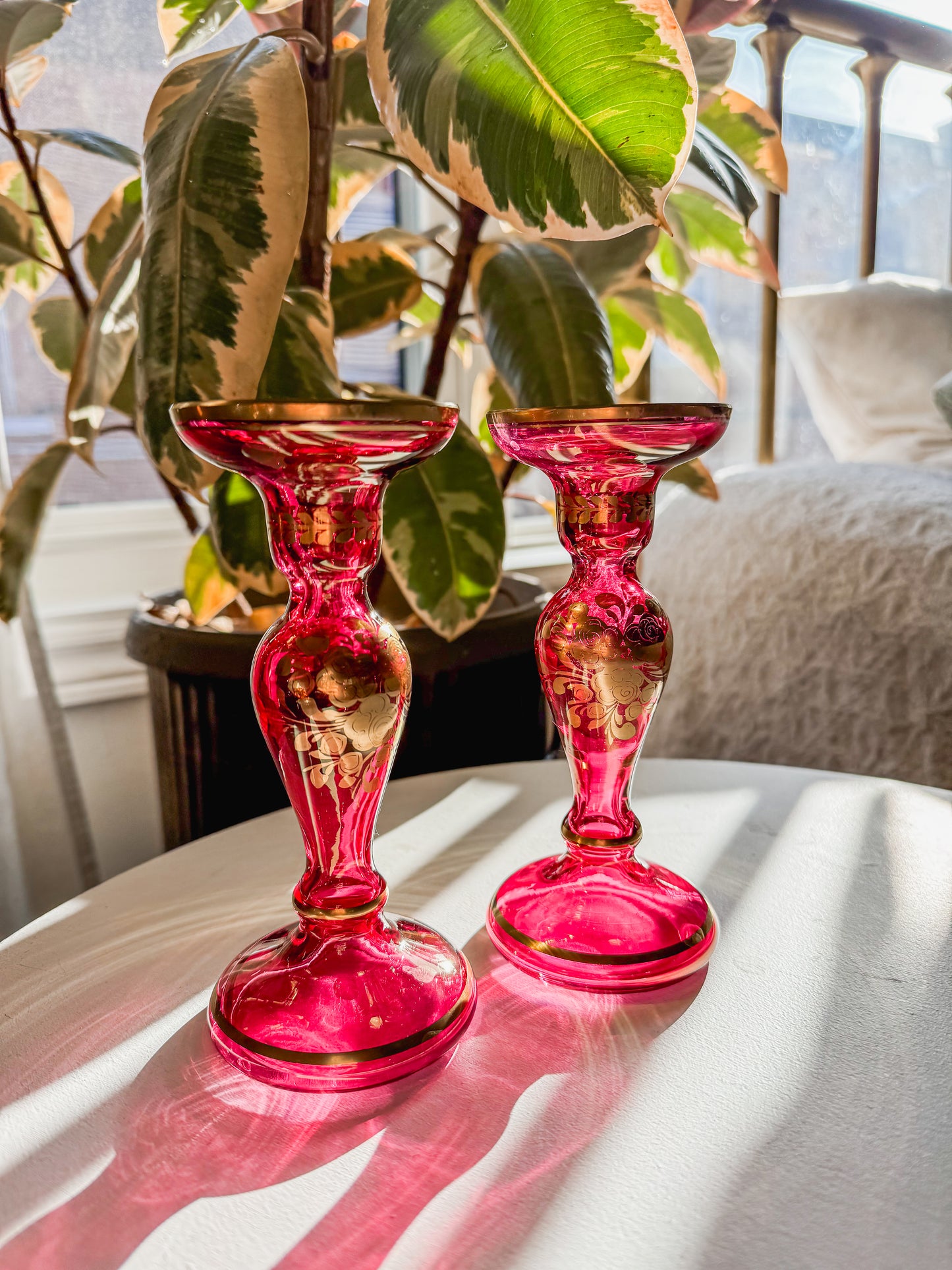 Cranberry & Gold Glass Candle Holders