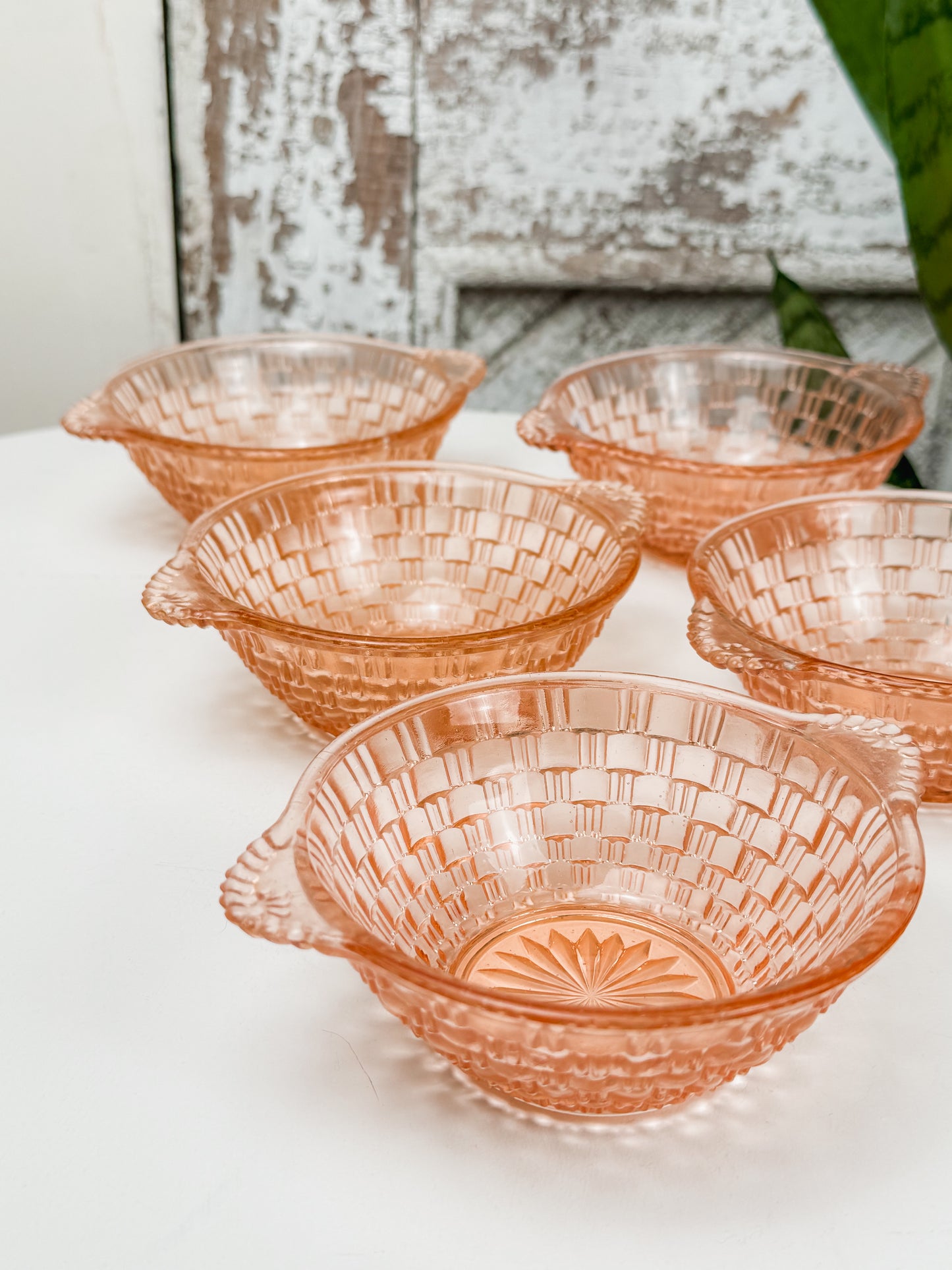 1930s Pink Art Deco Pressed Glass Dessert Bowls