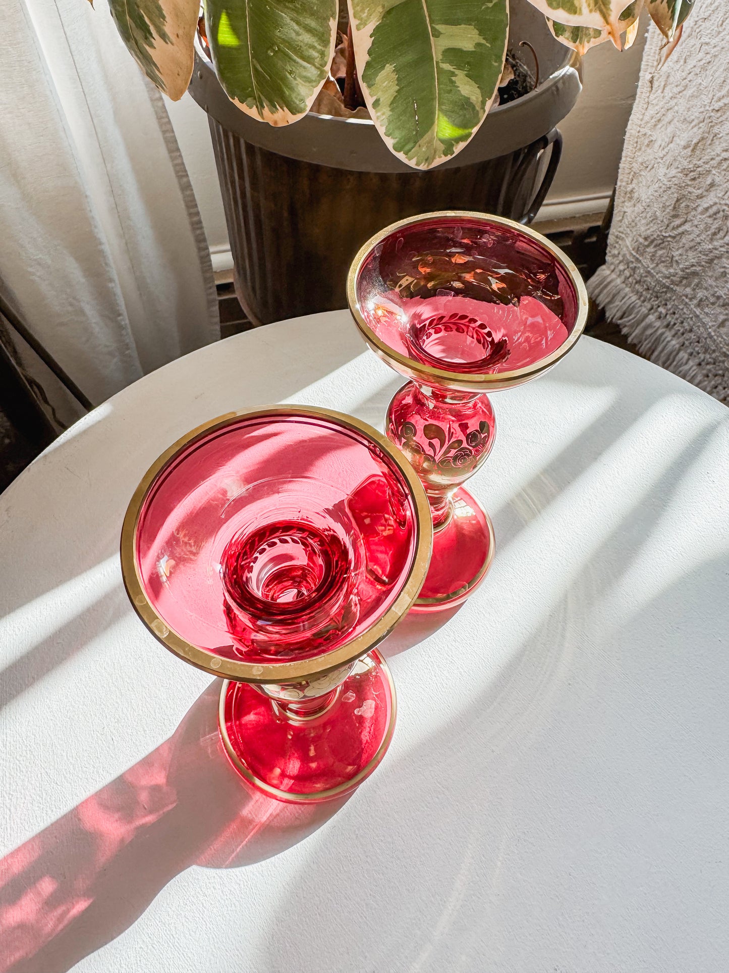 Cranberry & Gold Glass Candle Holders