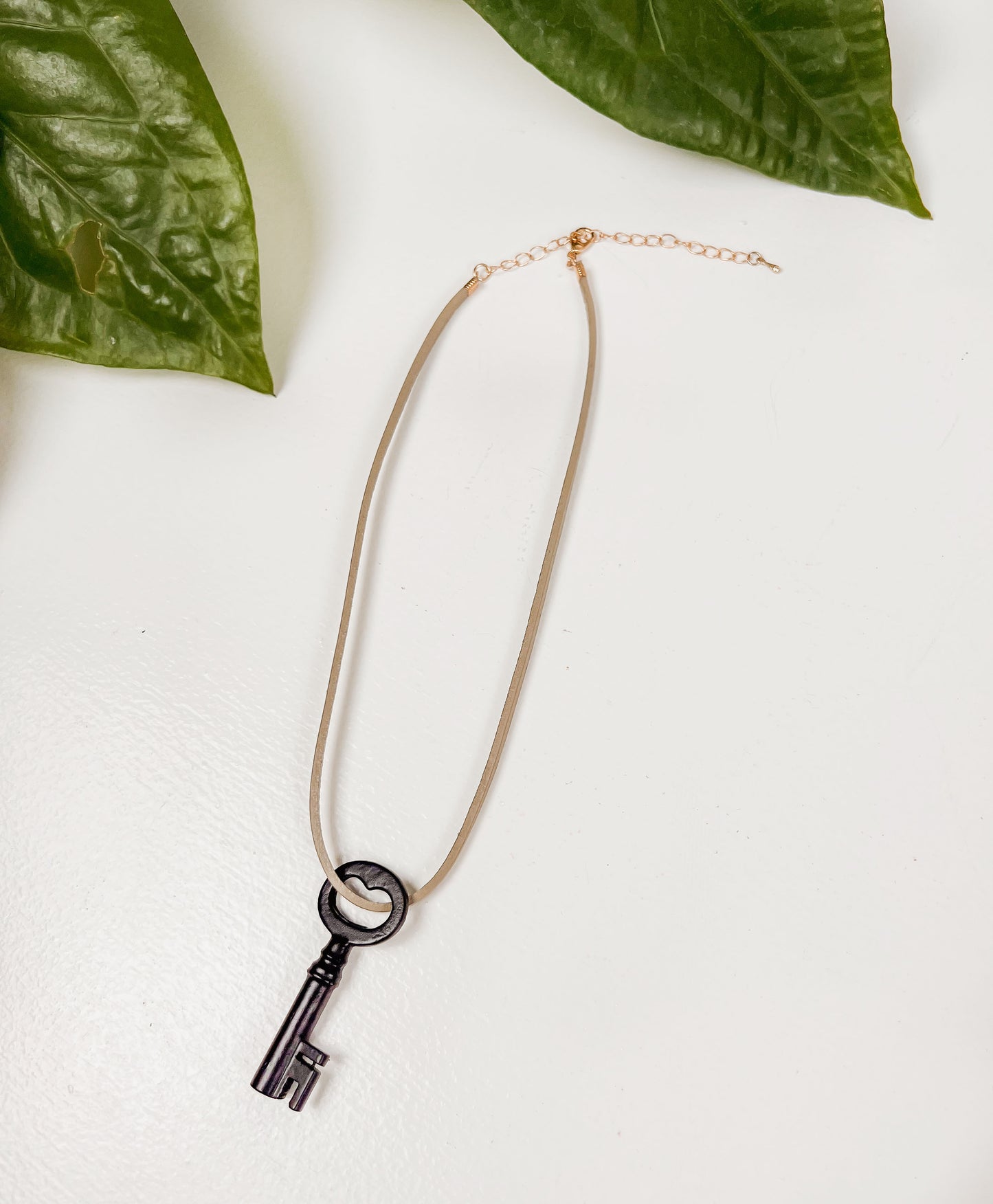 Antique Black Skeleton Key with Off-White Suede Choker