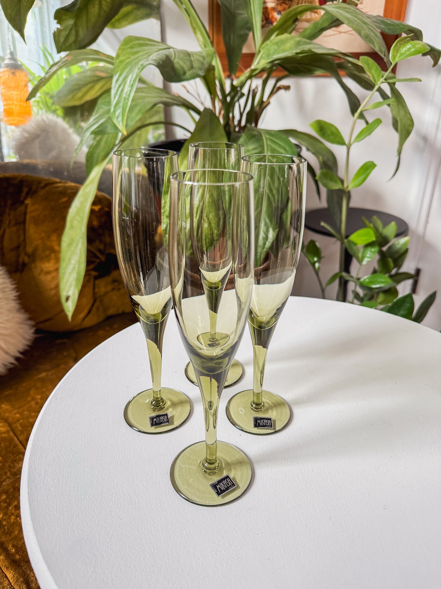 Olive Green Mikasa Crystal Champagne Flutes