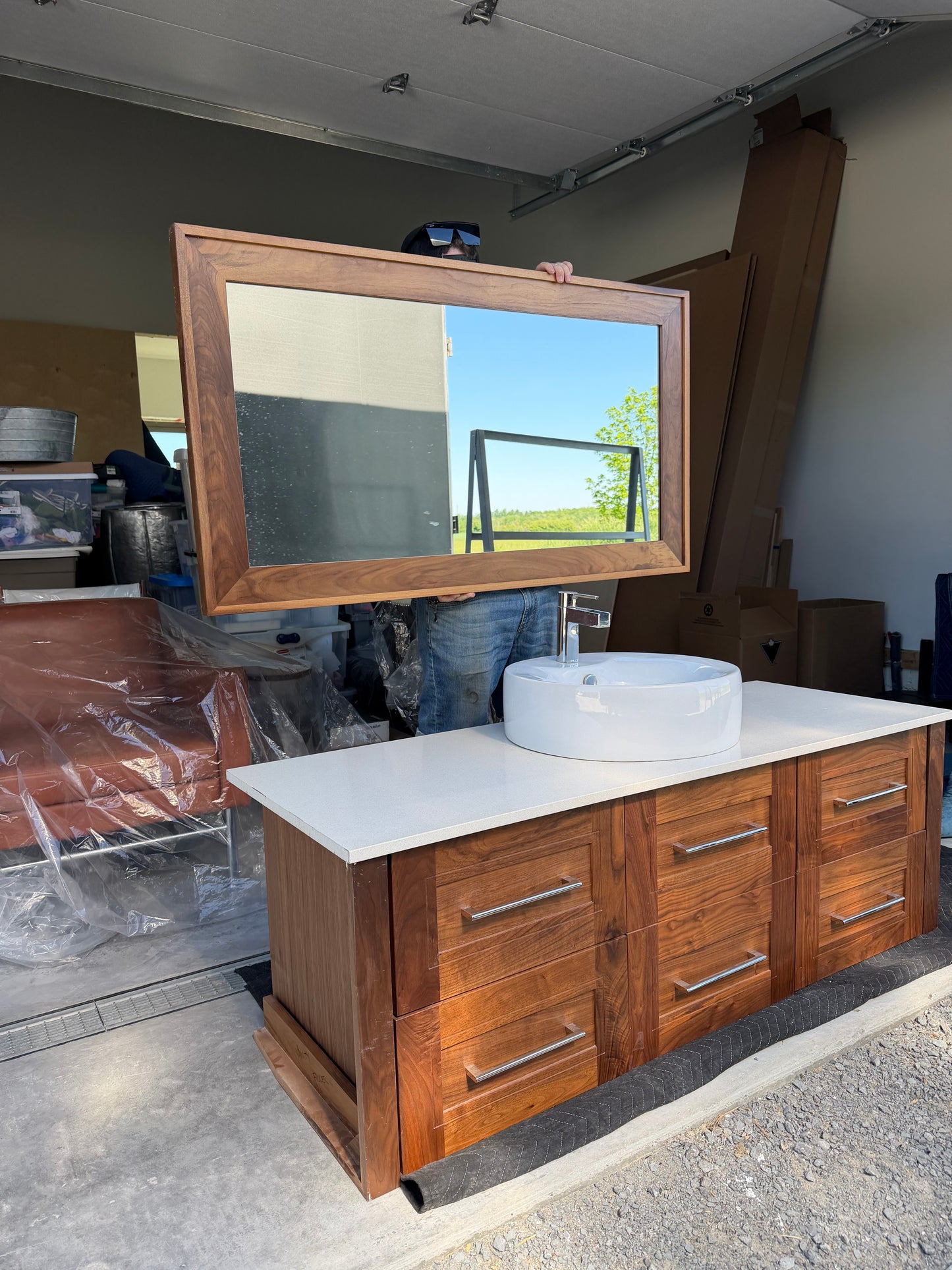 Custom Walnut Floating Vanity with Mirror & Porcelain Vessel Sink